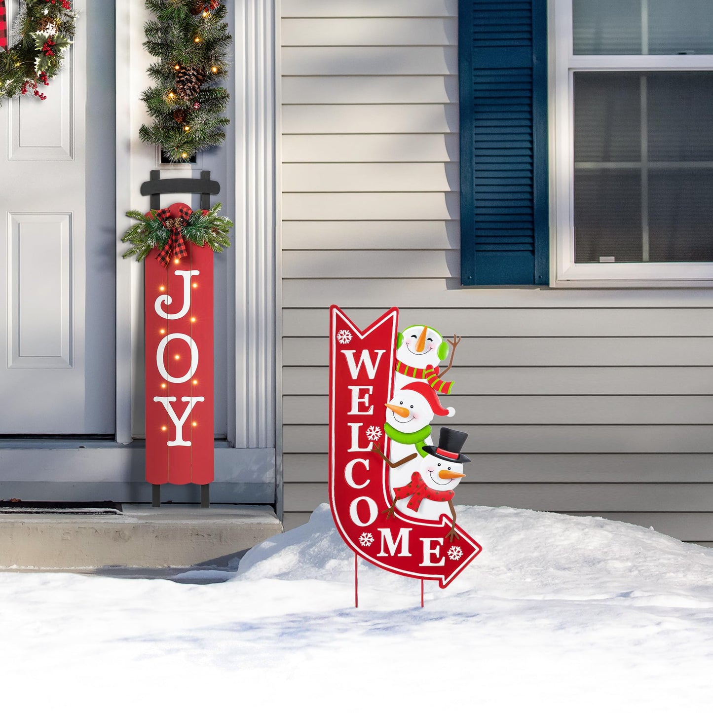 Glitzhome Christmas Welcome Yard Stake, 35.75 Inch Snowmen with Red Arrow Sign, Metal Outdoor Holiday Decor for Lawn, Garden, Porch, Easy Assembly Iron Wall or Ground Decoration