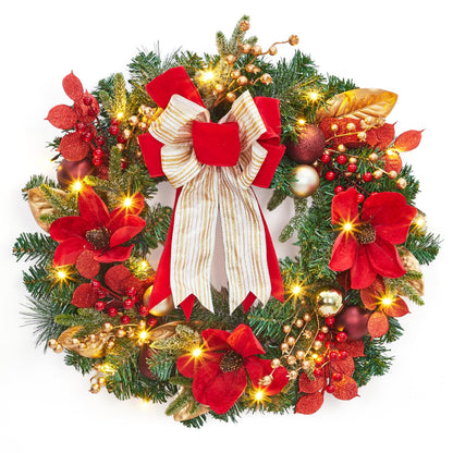 GarveeHome Christmas Wreath, 24 in Artificial Pre-Lit Christmas Wreaths for Front Door with 20 LED Lights & 8 Modes, Pine Needles & Red Berries, Accent Decor for Winter Holiday Home Office Apartment