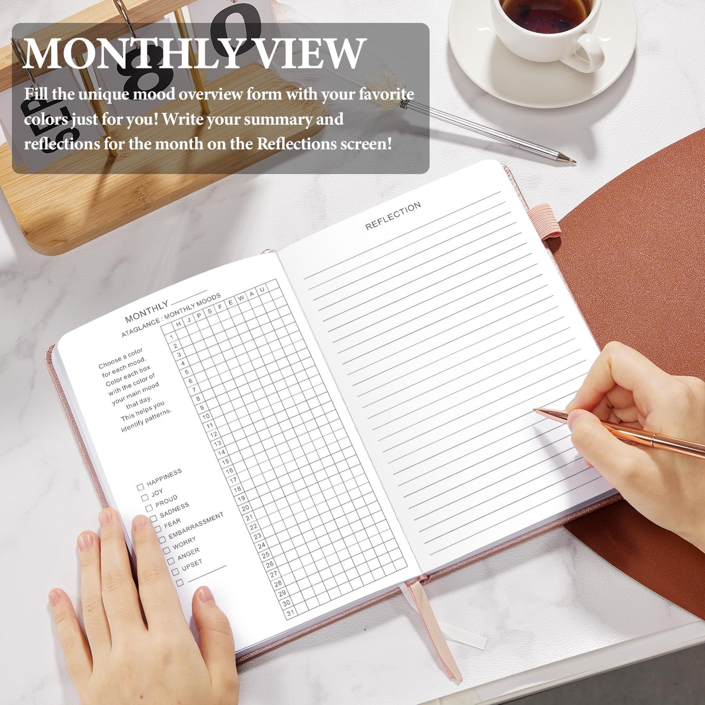 JUBTIC Mood Tracker Journal, Mental Health Journal for Women, 100-Day Self Care & Anxiety Journal with Wellness Tracker and Monthly Reflection, ADHD Planner to Practice Positive Thinking, Rose Gold
