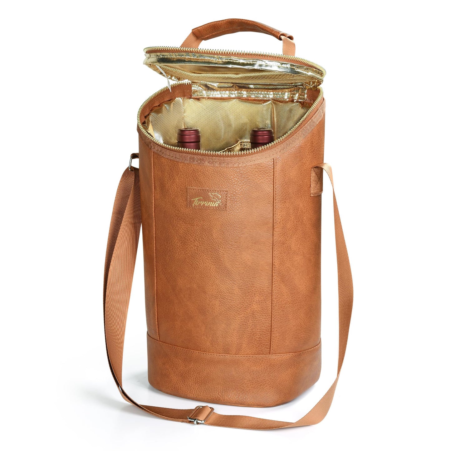 Tirrinia 2 Bottle Wine Carrier Bag, Insulated Wine Tote Cooler Bag with Shoulder Strap, for Travel, Picnic, BYOB & Christmas for Wine Lovers, Brown