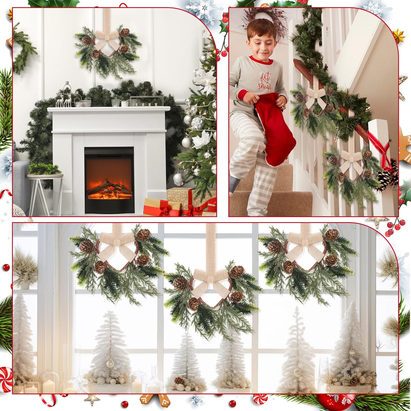 Dingion 6 Pcs 6" Christmas Mini Cabinet Cedar Wreaths for Kitchen with Ribbon Bows Artificial Cedar and Pine Cone Small Window Wreath for Window Door Farmhouse Christmas Party Decorations