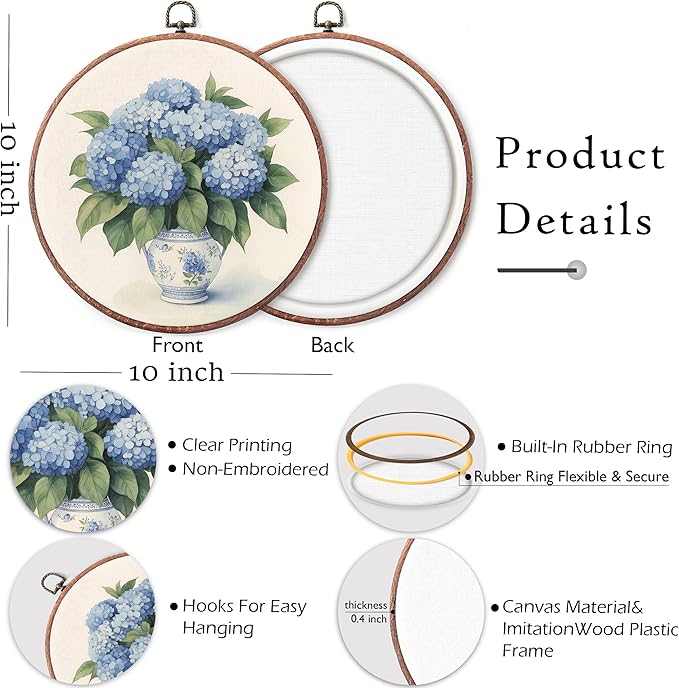 Threegoat Chinoiserie Spring Floral Framed Round Wall Art,Blue and White Hydrangea Flowers Wall Art Decor for Bedroom,Vintage Wall Hanging Decor for Grand Millenial Grandmillennial Home - A01