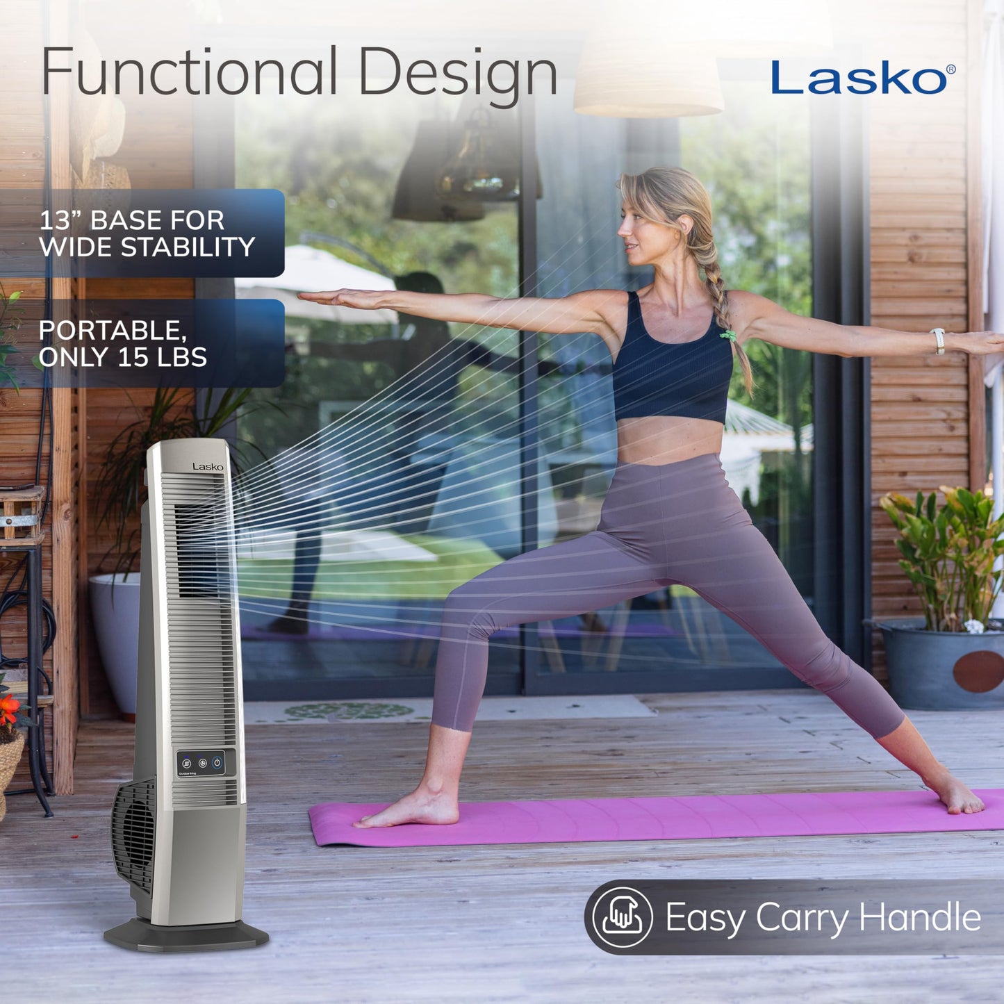 Lasko Outdoor Living Oscillating Tower Fan, for Decks, Patios and Porches, 10 Foot Power Cord, 4 Refreshing Speeds, 42", Beige, YF202