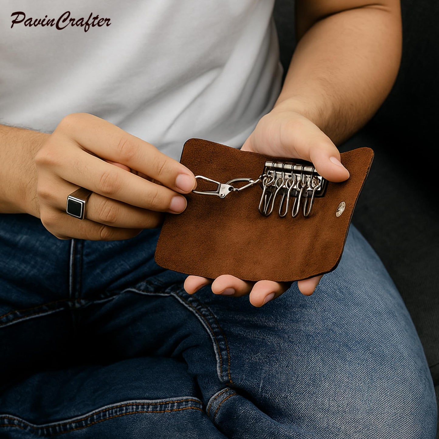PavinCrafter Leather Key Sleeve – Brown Genuine Leather Key Holder with 6 Ring Slots & Button Closure – Compact Key Organizer for Men & Women