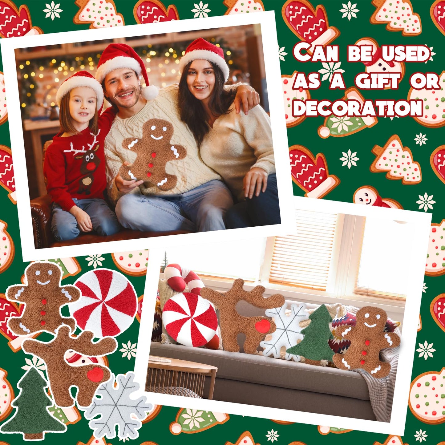 Cumule 5 Pcs Christmas Throw Pillows Cute Xmas Tree Candy Gingerbread Reindeer Snowflake Shaped Plush Pillow for Christmas Winter Holiday Party Outdoor Bedroom Cushion Decoration