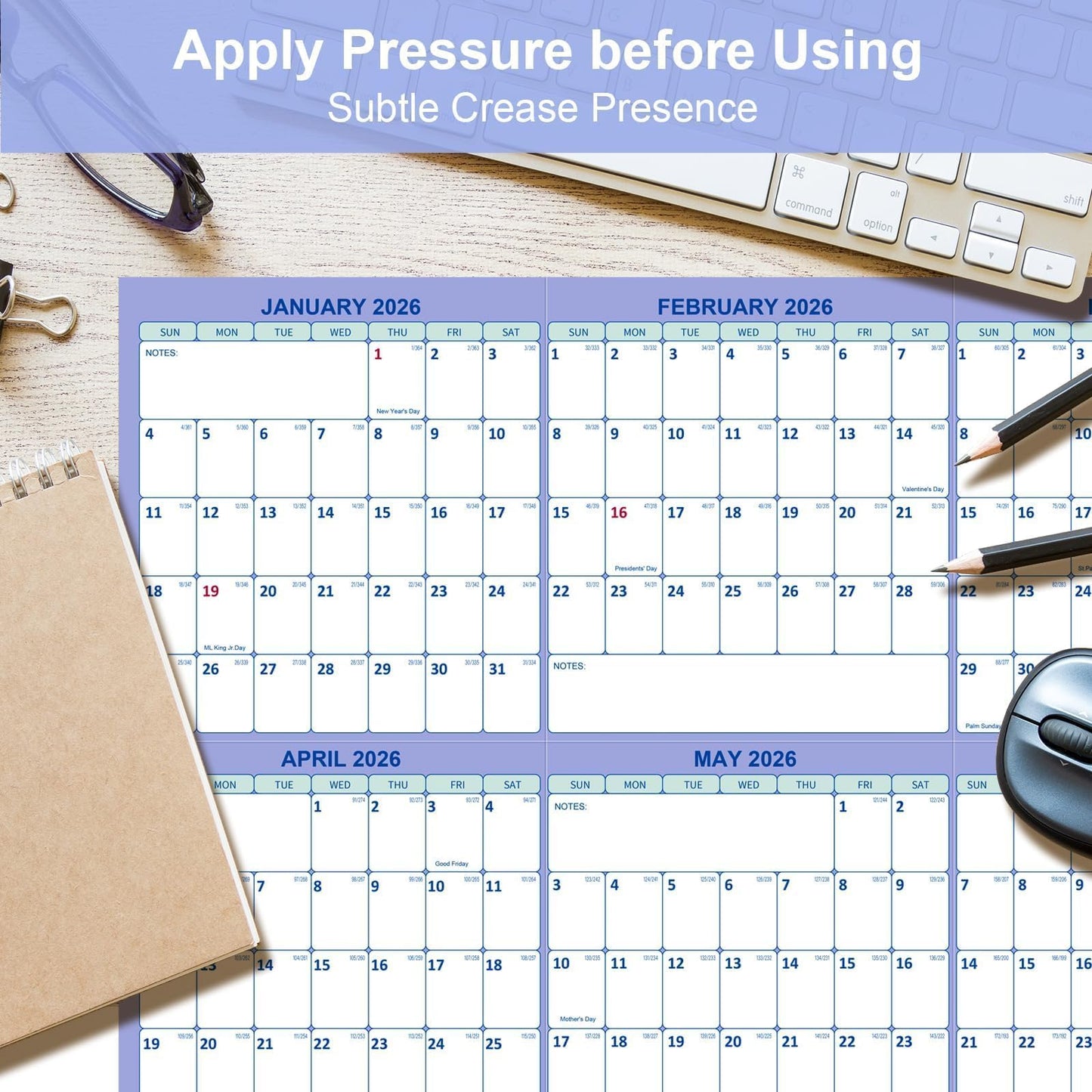 32" x 48" 2026 Wall Calendar, Folded Wet & Dry Erase Wall Calendar 12 Month, Yearly Laminated Wall Calendars, Reversible Annual Planner, Horizontal/Vertical, with Julian Dates