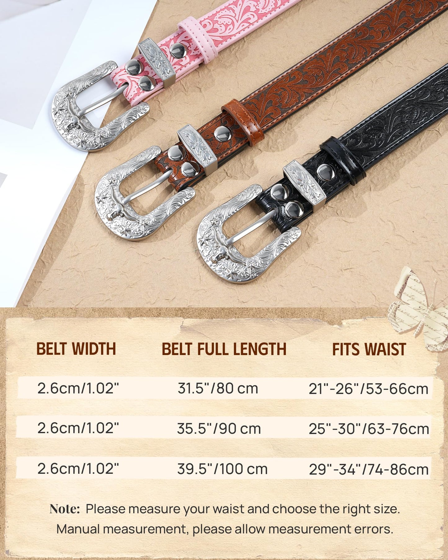 Kajeer Kids Western Belt for Boy,Cowboy Leather Belt Vintage Engraved Embossed Buckle Western Belts for Jeans Gifts