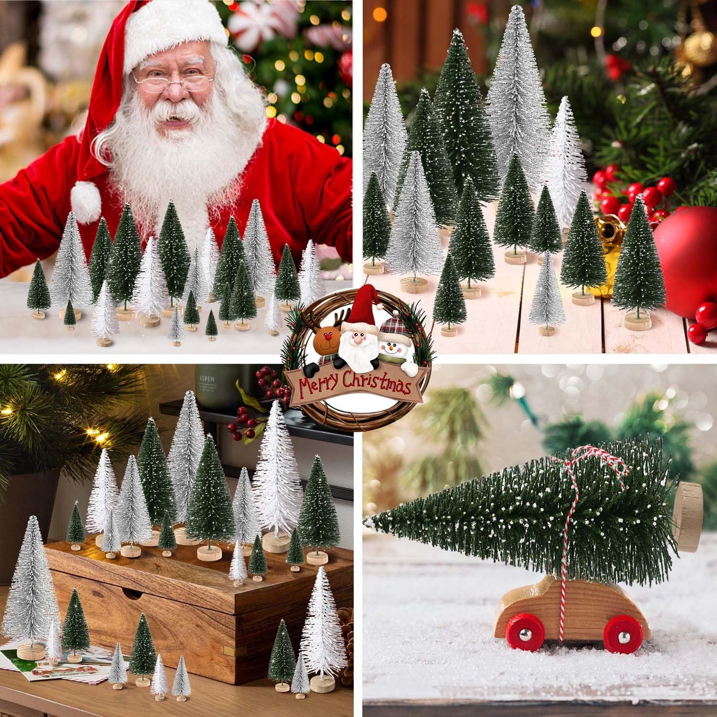 30Pcs Mini Christmas Trees Artificial Christmas Tree Bottle Brush Trees with Wooden Base for Christmas Decor Party Home Table Craft Decorations(Green+Silver+White)