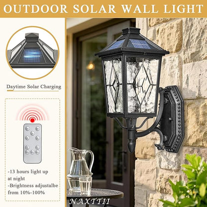 Solar Outdoor Wall Lamp Waterproof Aluminum Outside Solar Wall Lantern with Remote Control Black Outdoor Porch Lights Wall Mount with Water Ripple Handmade Solder Glass LED Bulb Included