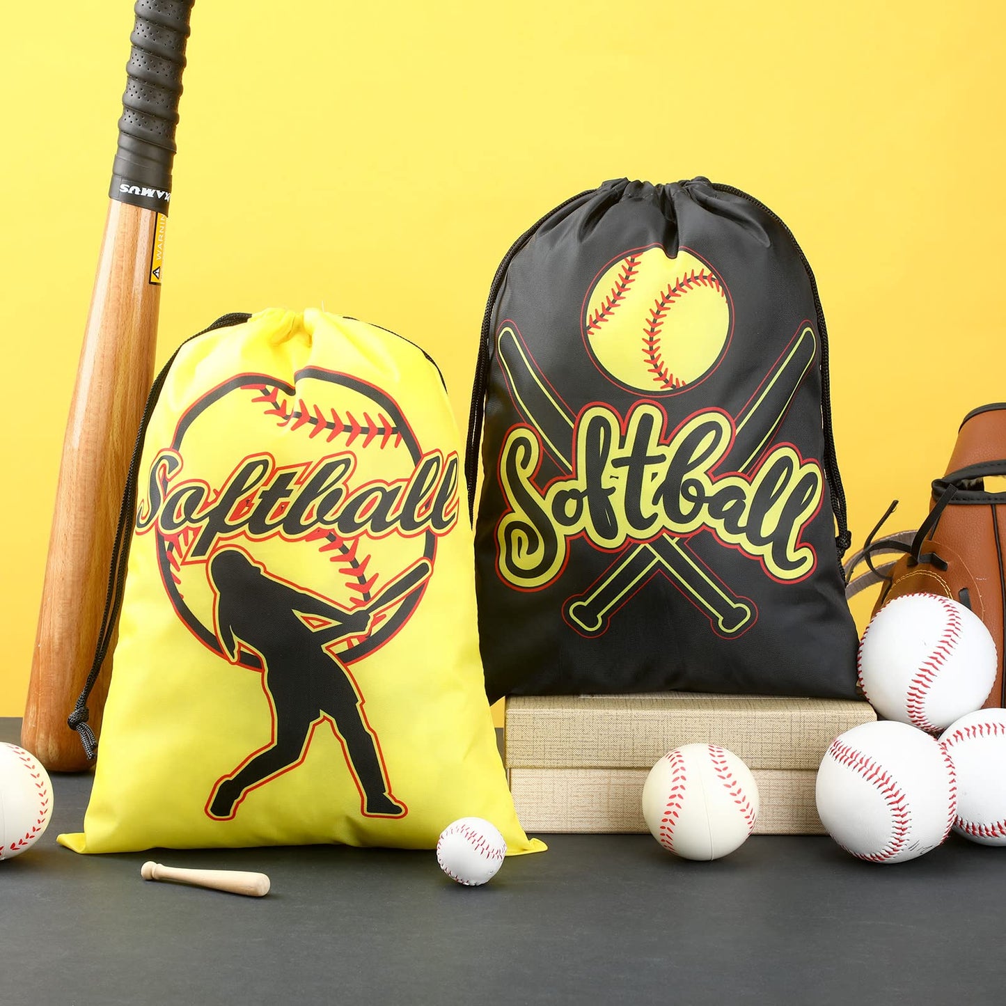 Kingdder 12 Pcs Softball Drawstring Party Favor Bags Softball Treat Bags Baseball Gift Bag for Baseball Party(Yellow)