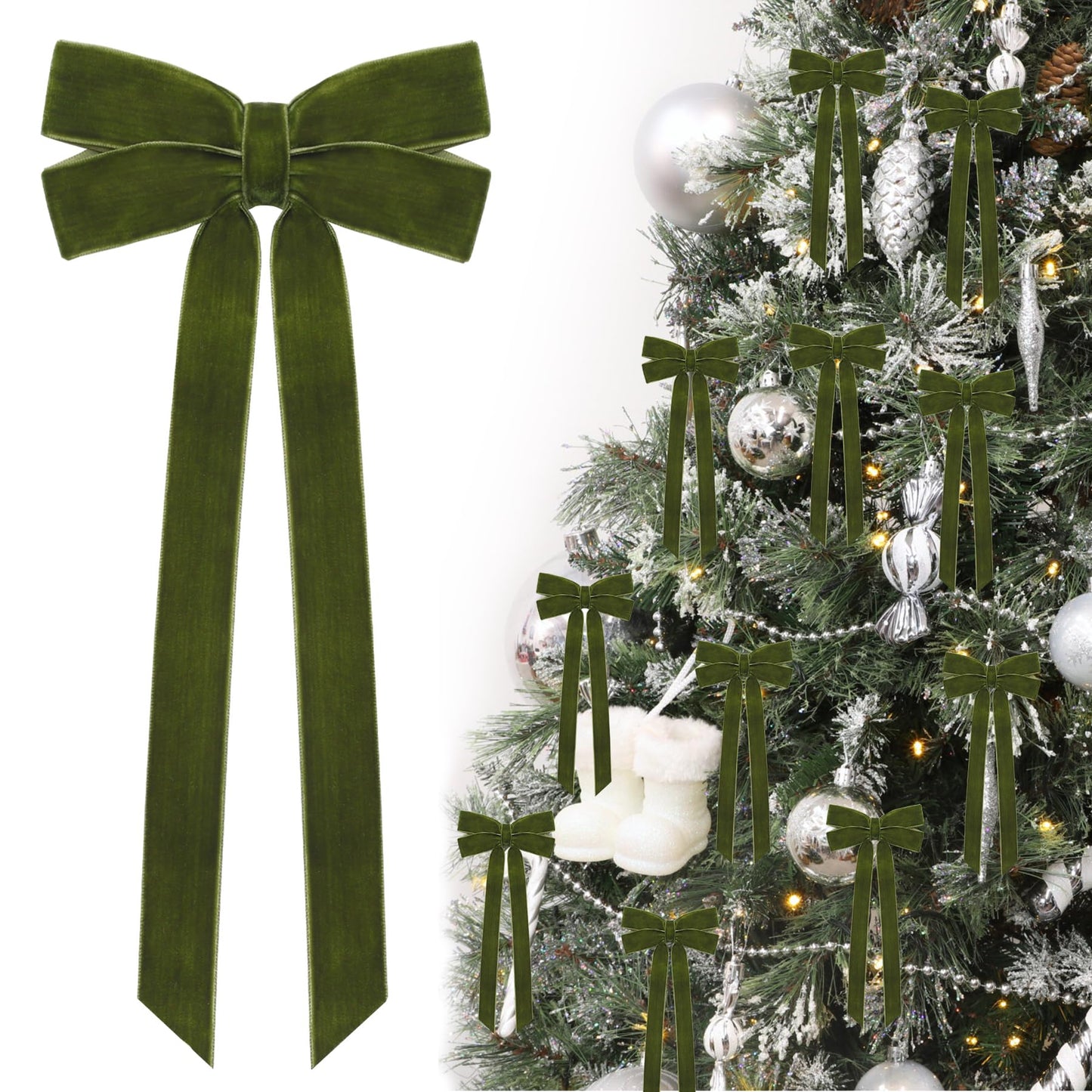 12Pcs Green Velvet Ribbon Bows Christmas Tree Decorations,5in x 10in St Patricks Day Ornaments for Tree Home Party Front Door Wreath Garland Holiday Decor