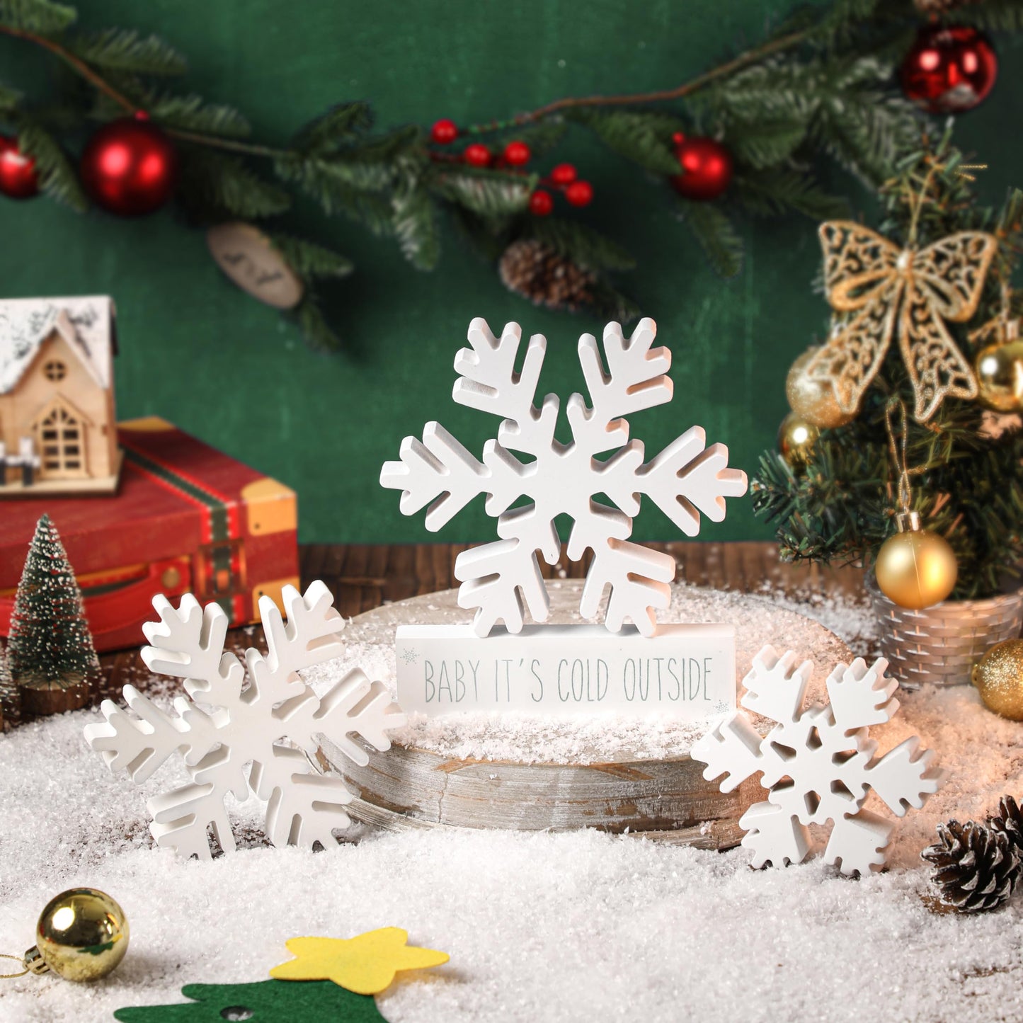 4 PCS Winter Wooden Snowflakes Decor - Christmas Snowflake Signs - Christmas Fireplace Decorations for Party - Tabletop Fireplace Decors