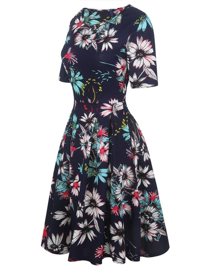 oxiuly Womens Half Sleeve Elegant Vintage Dress Casual Fit and Flare Church Wedding Guest Work Dresses with Pockets OX165 (Navy Blue F, m)
