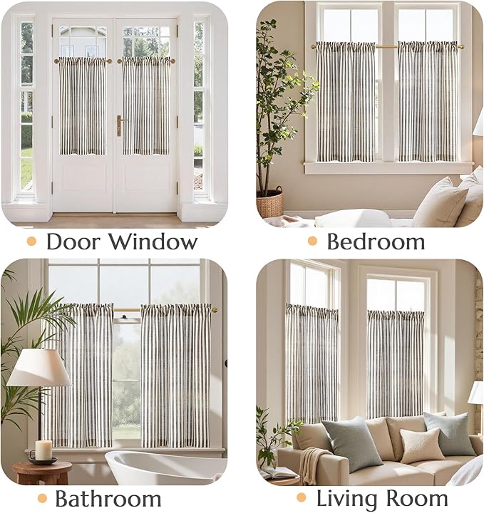 jinchan Striped Linen Kitchen Curtains 36 Inches Length Tier Curtains Farmhouse Modern Cafe Small Window Treatments Airy Light Filtering Rod Pocket for Living Room Bathroom 2 Panels Jet Black