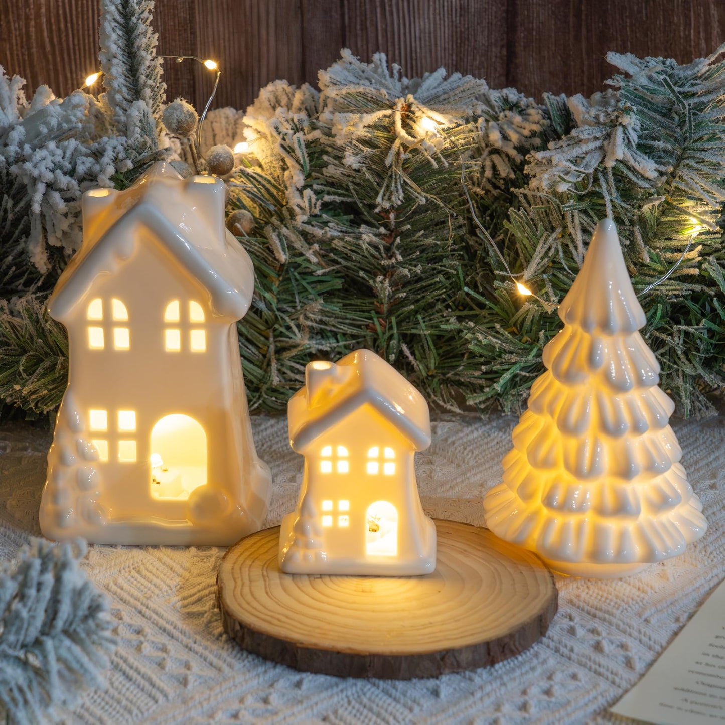 NEROSUN Ceramic Christmas Village Houses, 3Pcs LED Lighted Porcelain White Small House and Xmas Tree Tabletop Figurines, Light Up Christmas Decorations for Home Shelf Cabinet Table Winter Decor