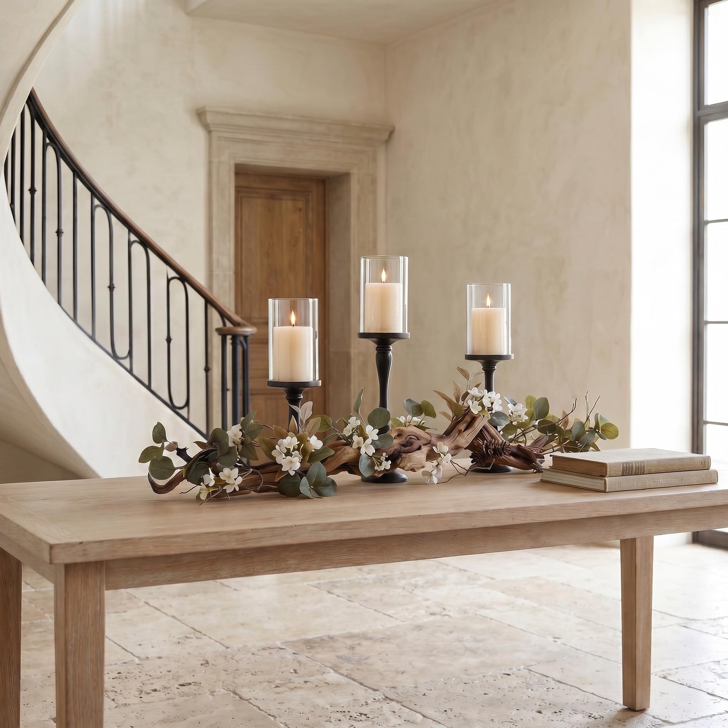 Eucalyptus Table Centerpiece with Candle Holders, Farmhouse Greenery Decor Black