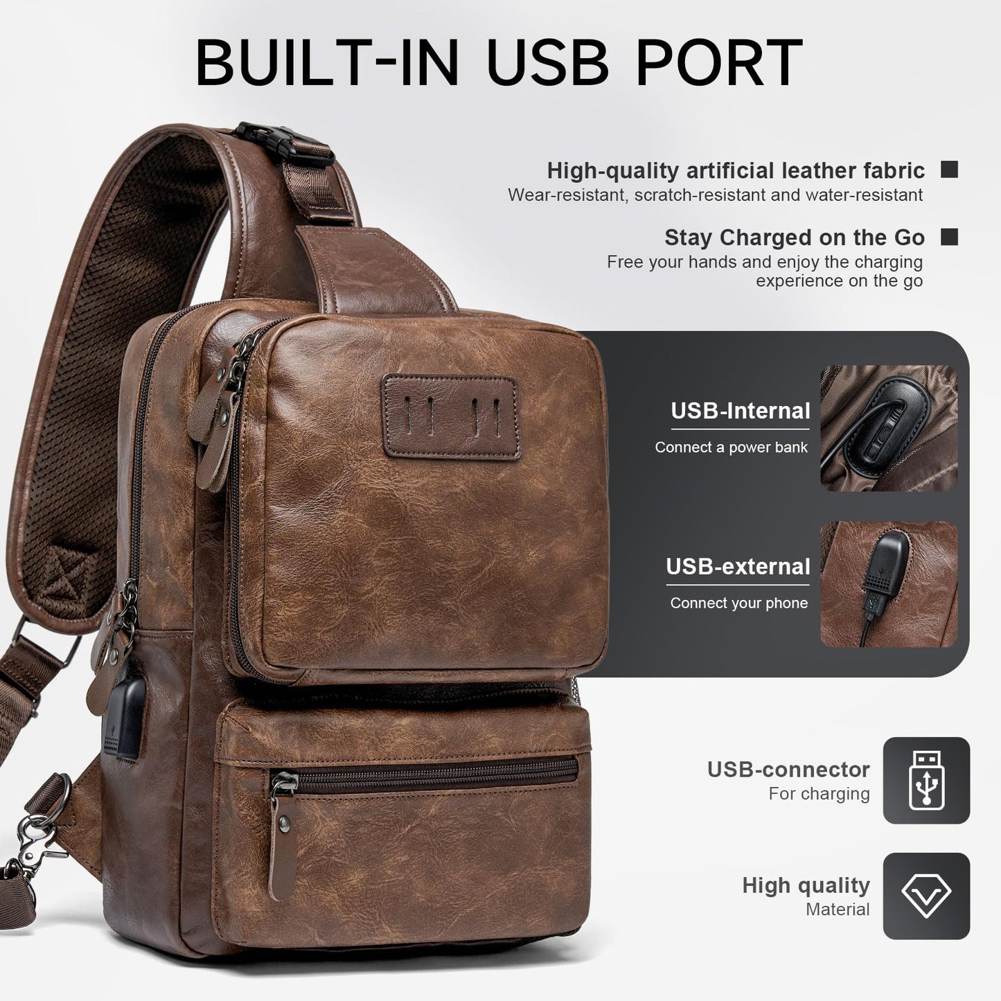 MOYYI EDC Crossbody Bag for Men Leather Sling Bag, Tactical Chest Bag with USB Charging Port, 7L Small Casual Daypacks for Travel