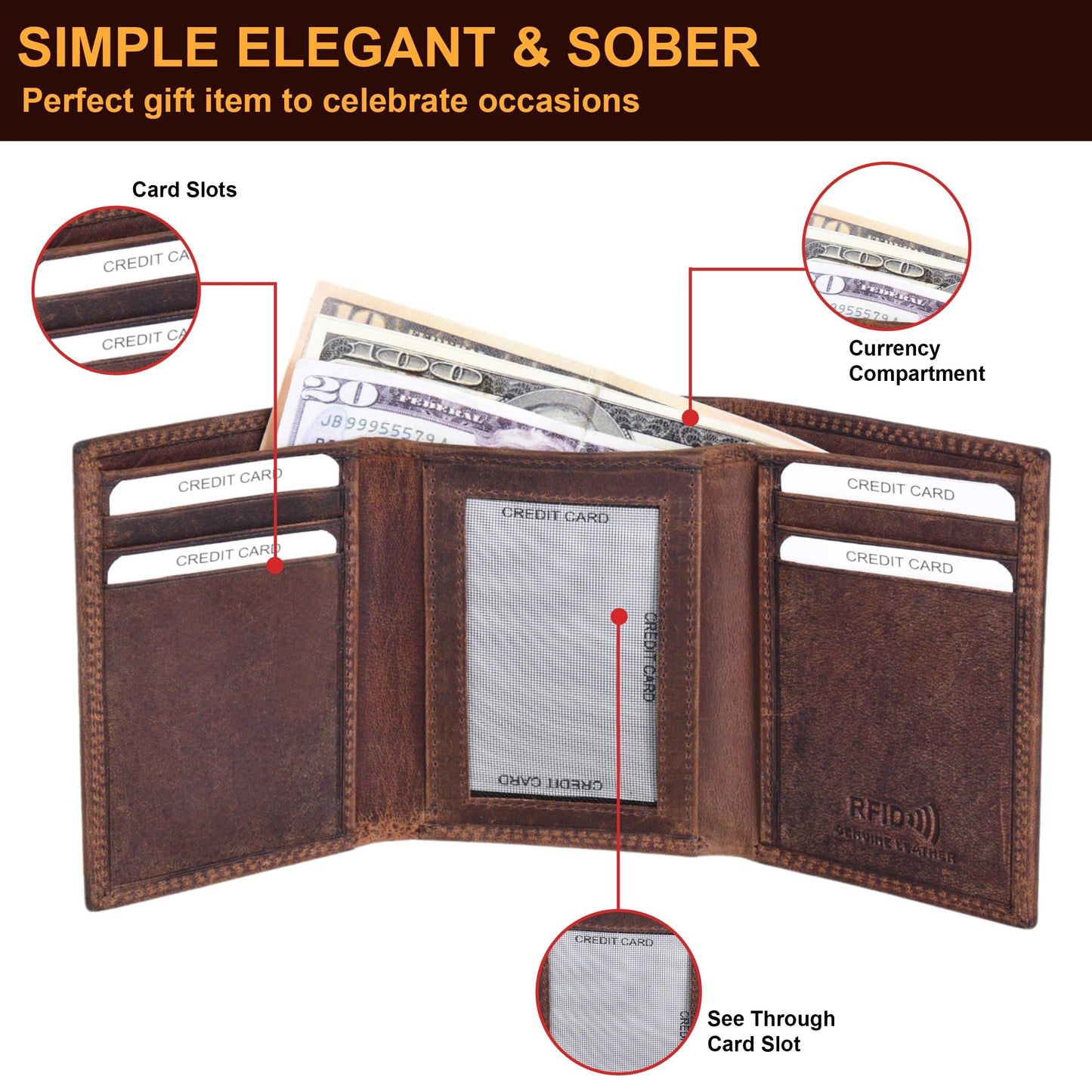 ASAD Leather Slim Everyday Trifold Wallet with ID Window and Multiple Card Slots | Genuine Leather Double Stitched RFID Blocking Stylish | Gift for Him | Hidden Card Pockets