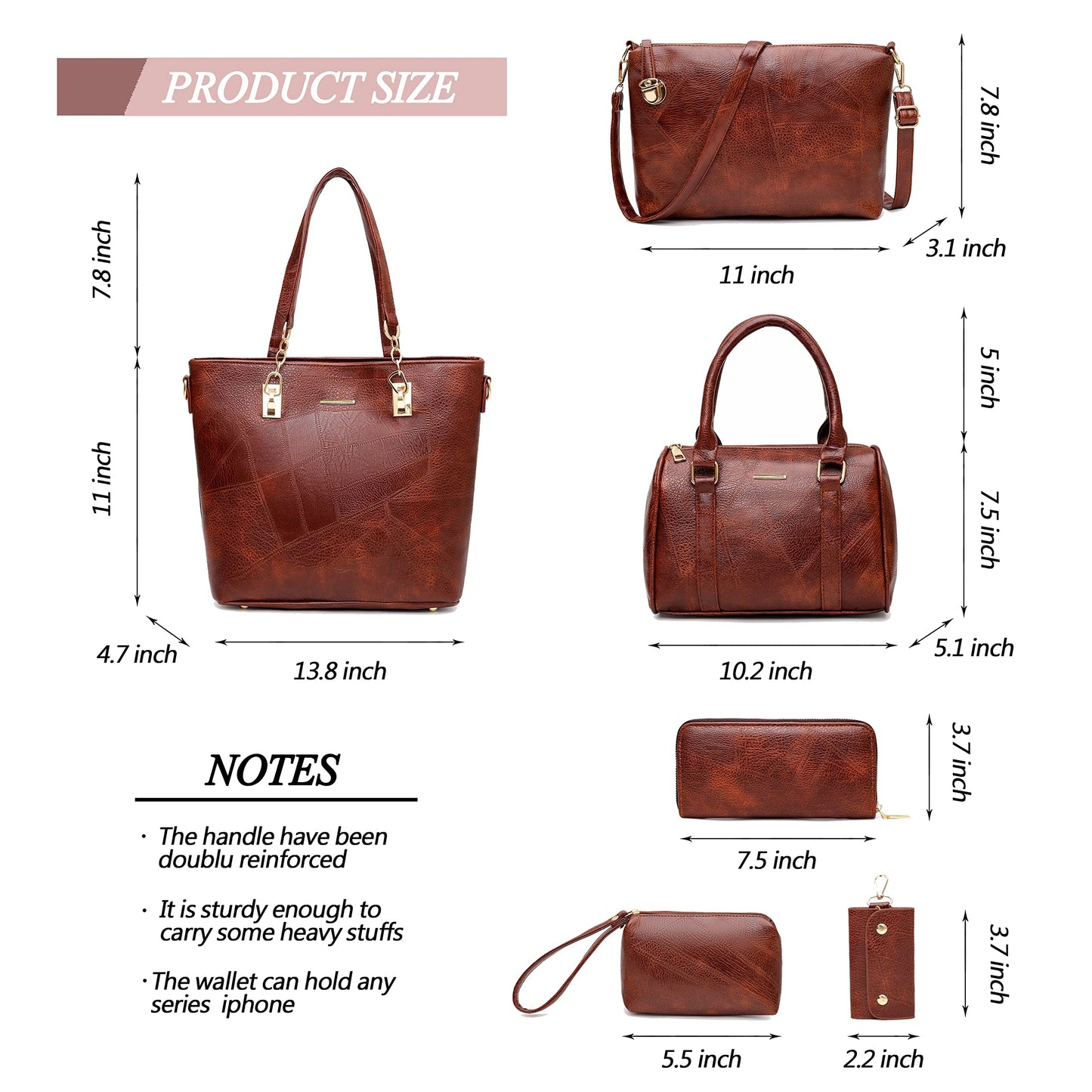 2E-youth Women Designer Purses And Handbags Set Satchel Shoulder Bags Tote Bags 6pcs Wallets (brown)