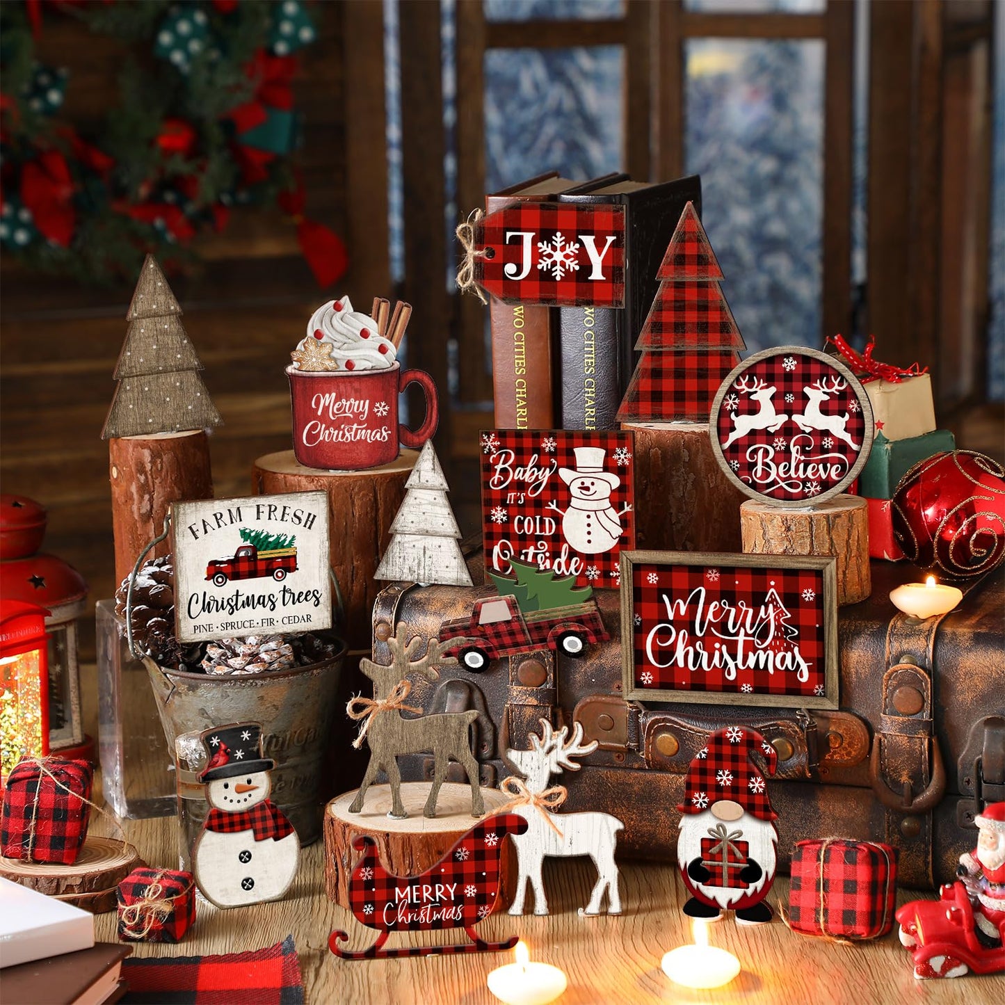 Shellwei 21 Pcs Christmas Tiered Tray Decor Set Wood Rustic Buffalo Plaid Christmas Decoration Winter Farmhouse Decor Xmas Trees Gnome Elk Snowflake Signs for Table Shelf Home Centerpiece (Plaid)