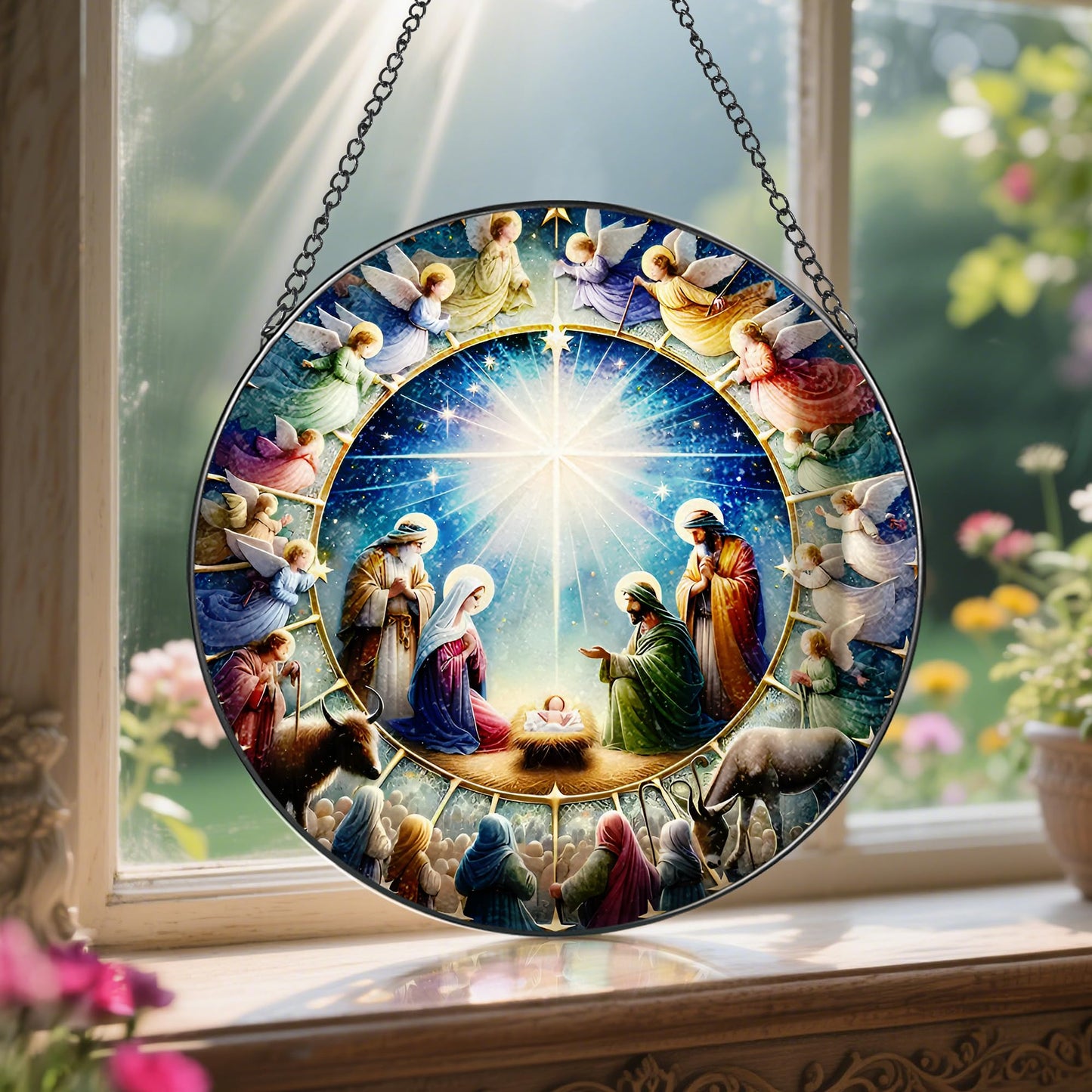 Stained Glass Window Hanging, LAOWEIKI 8'' Nativity Scene Suncatcher, Stained Glass Ornament, Window Decor, Outdoor or Indoor, Christian Gifts, Religious Gifts for Women
