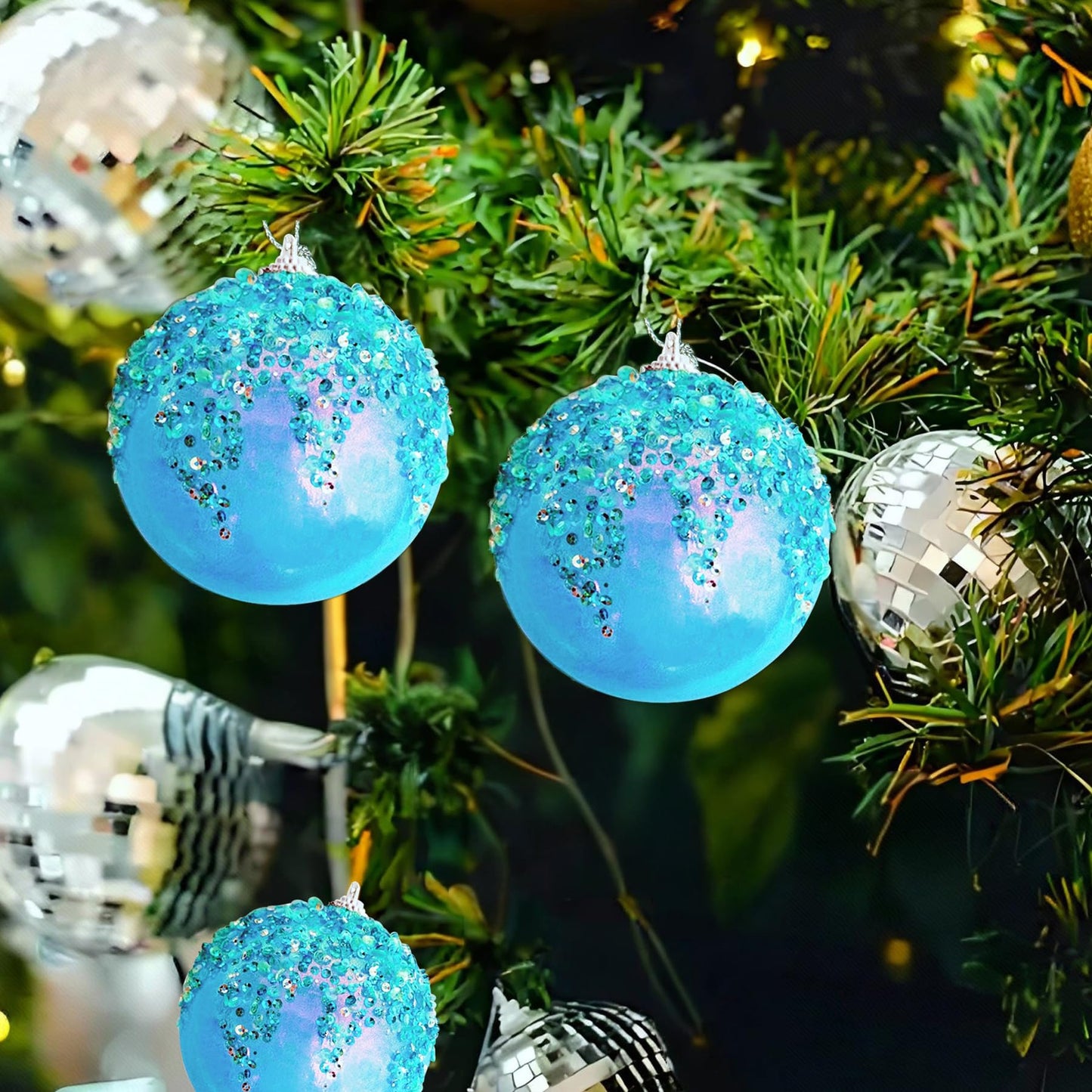 ZHANYIGY 4Pcs Christmas Balls Ornaments -Shatterproof Christmas Ball for Xmas Tree Decorations Hanging,Wedding Party Holiday Decorations Fantasy Blue Glitter Ball 4in x 4 Pack