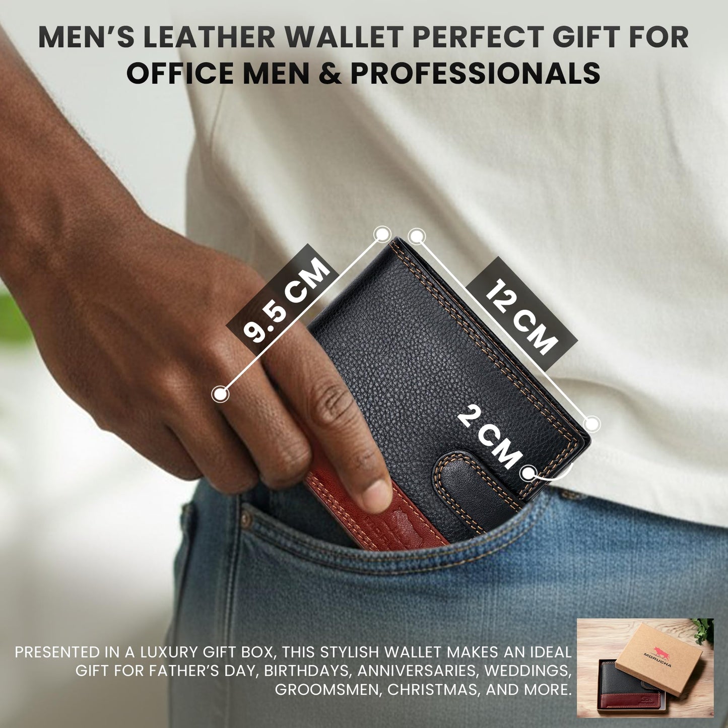 MORUCHA RFID Blocking Genuine Leather Wallet for Men – Slim Bifold Bull Leather Wallet with Coin Pocket, ID Window, 8 Card Slots – Premium Black/Brown Luxury Gift Box (Model #M75)