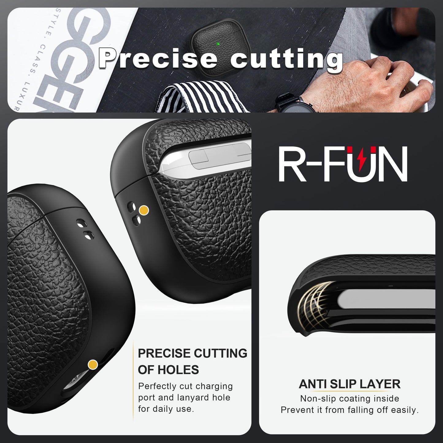R-fun for Airpods 4 Case, Soft TPU (Leather-Like Design) Drop Protection Cover for Men and Women with Lanyard and Cleaner Kit, Compatible with Apple Latest Airpods 4th Gen(USB-C)(2024)-Black