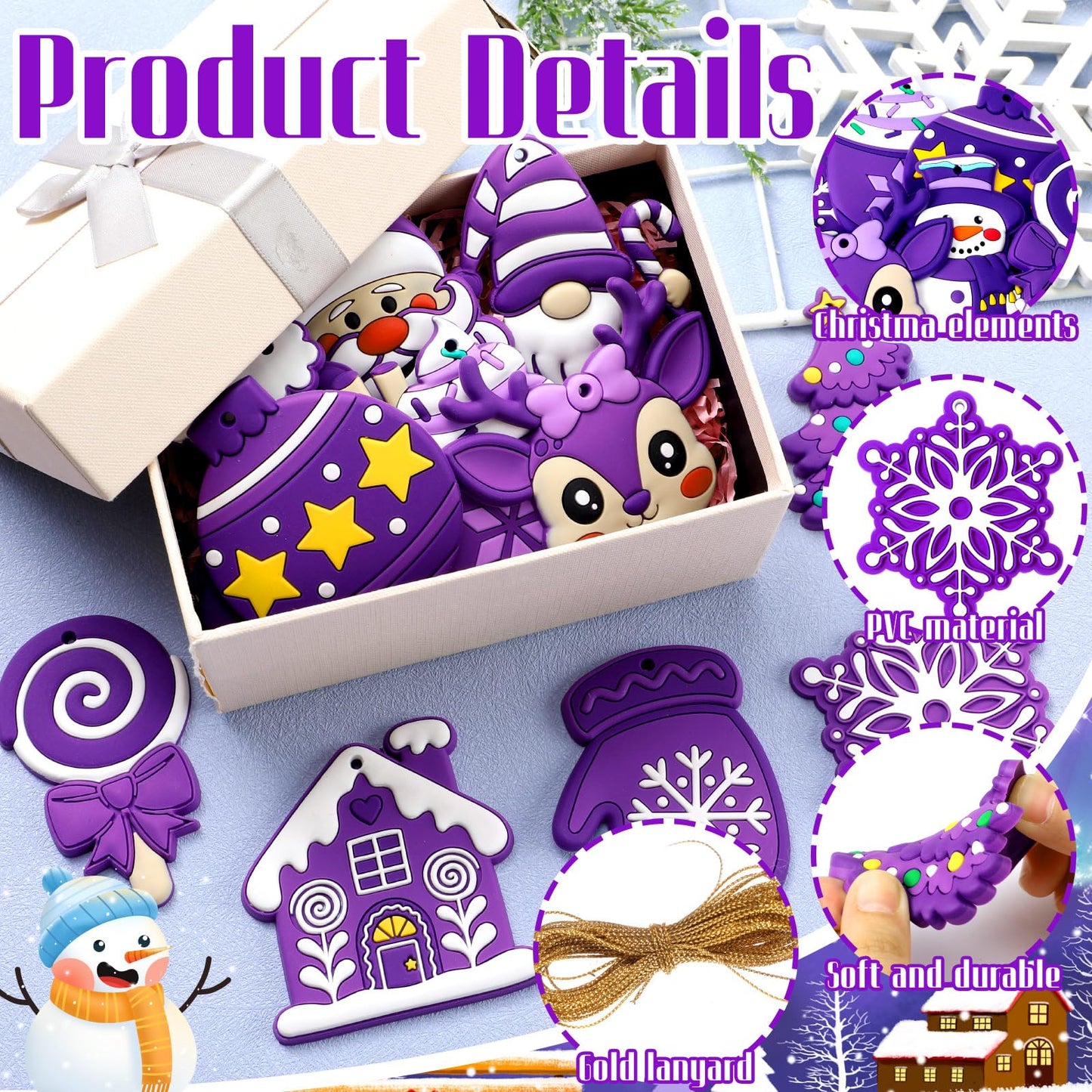 Lunmon 24 Pcs Purple Christmas Ornaments PVC Pastel Ornaments for Christmas Tree Santa Claus Gingerbread House Gnomes Xmas Baubles Winter Decorations for Xmas Tree Party Holiday Decor