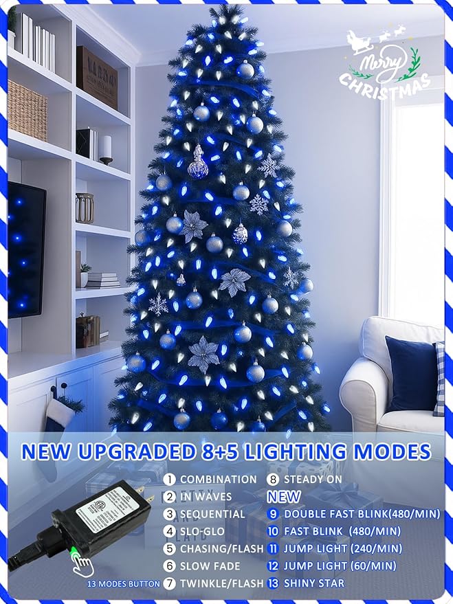 Upgraded 250 LED C6 Connectable Christmas String Lights Blue and White, 82FT Waterproof Christmas Twinkle Light Outdoor, Plug in Fairy Light Indoor with 13 Modes & Timer for Christmas Tree Decorations