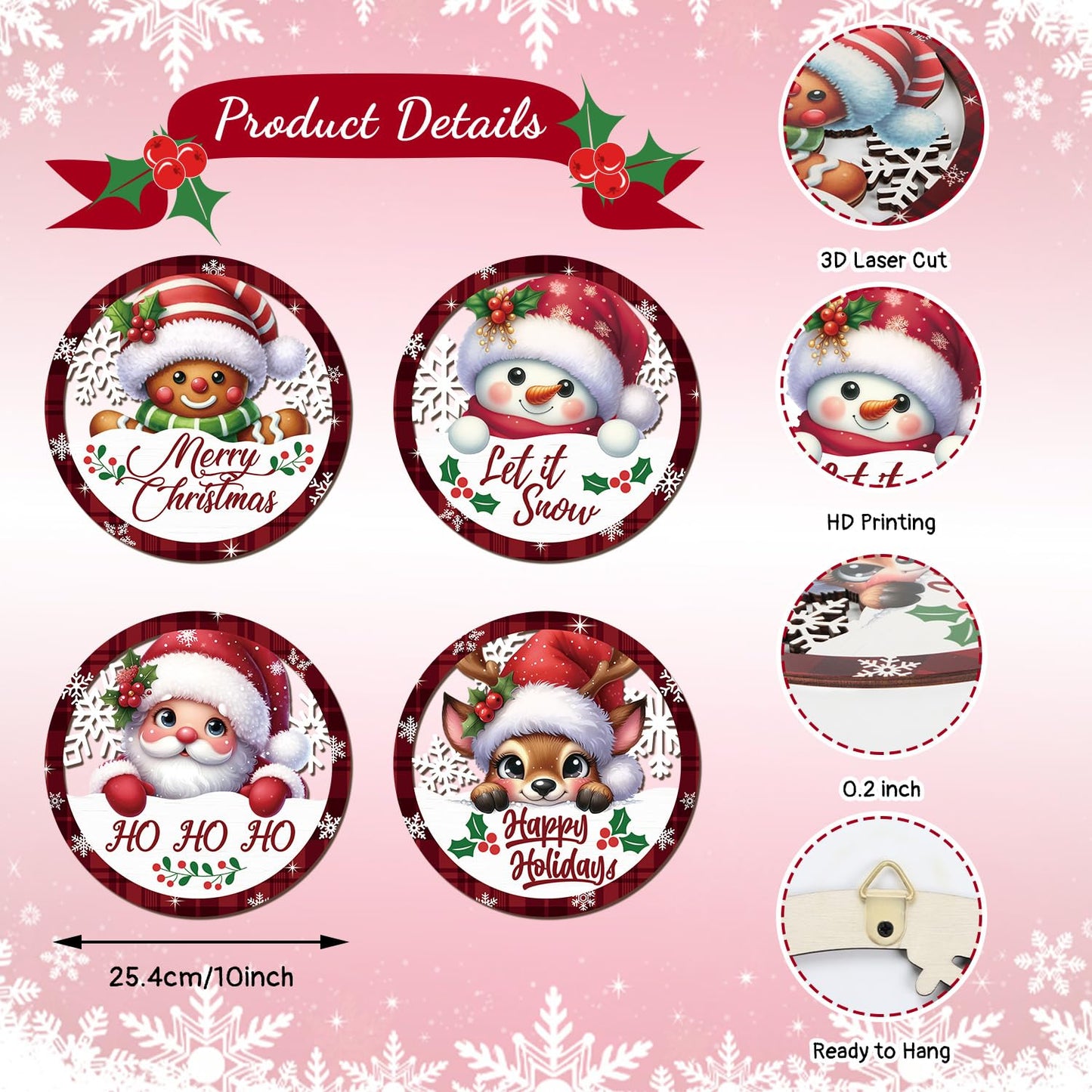HOURIA 4PCS Christmas Wall Decorations Indoor, Merry Christmas Buffalo Plaid Wooden Hanging Wall Decor,10" Reindeer Gingerbread Man Snowman Sign,Xmas Holidays Wreath Sign for Living Room Bedroom