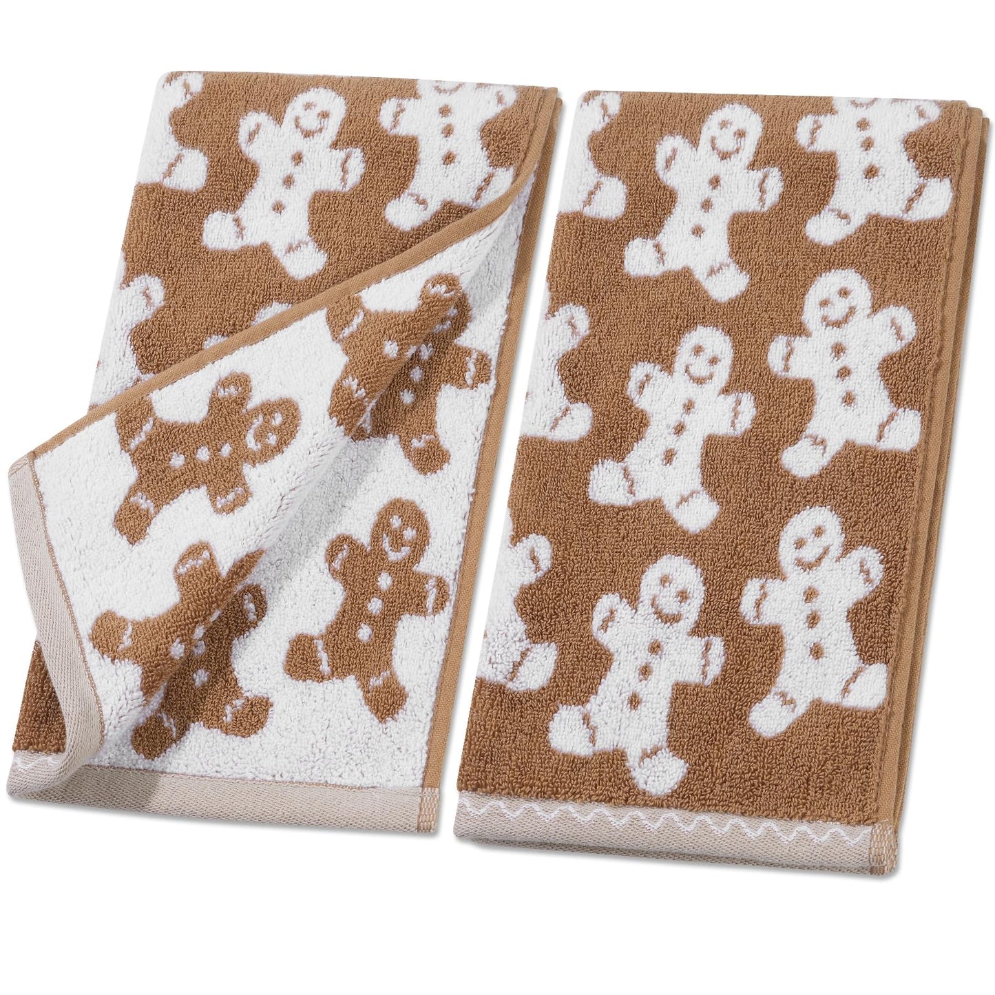 Shemilly 2pcs Christmas Hand Towels Brown Xmas Gingerbread Jacquard Hand Towel for Bath 100% Cotton Thick Soft Bathroom Kitchen Decorative Set for Christmas Winter Holiday Decor Gift,18 x 28 Inch