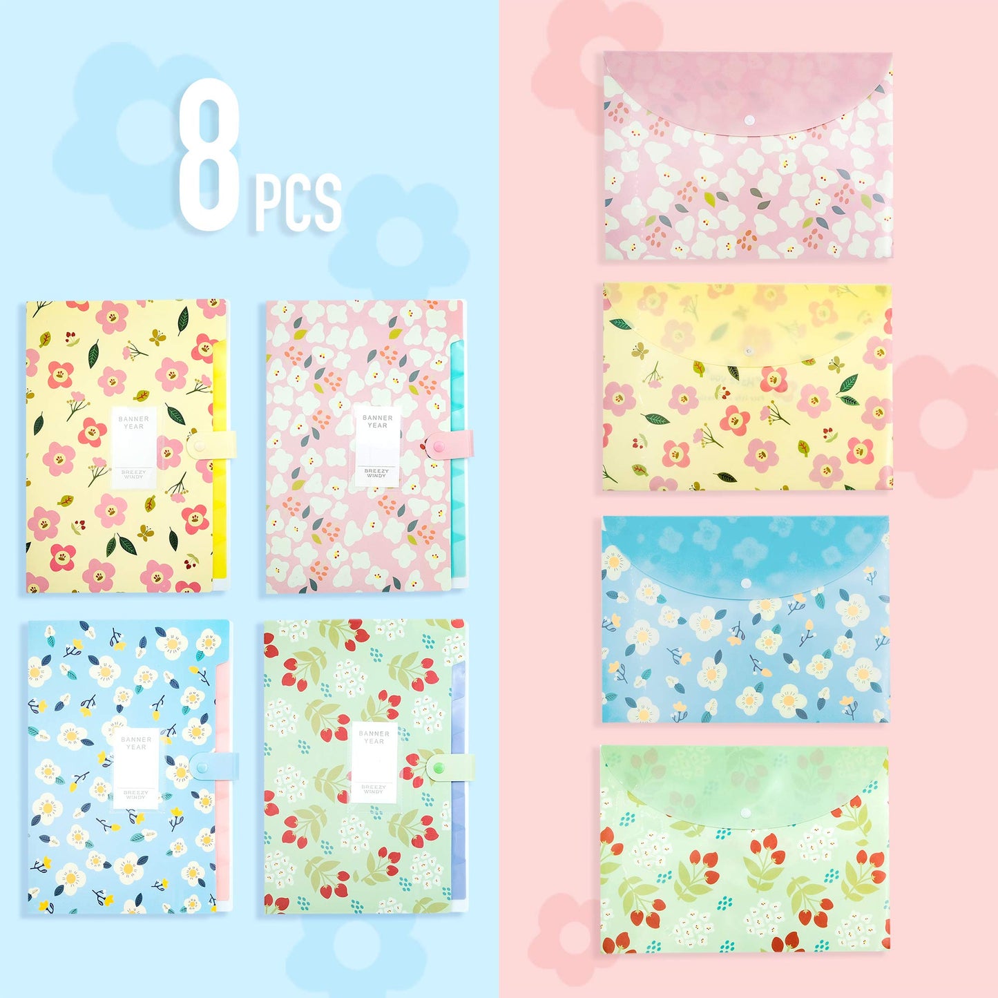 POTTIIS Flower Design Expanding File Folders, 8 Pocket, 4 Pack, A4 Letter Size, Poly Material, 12.8 x 9.3 in