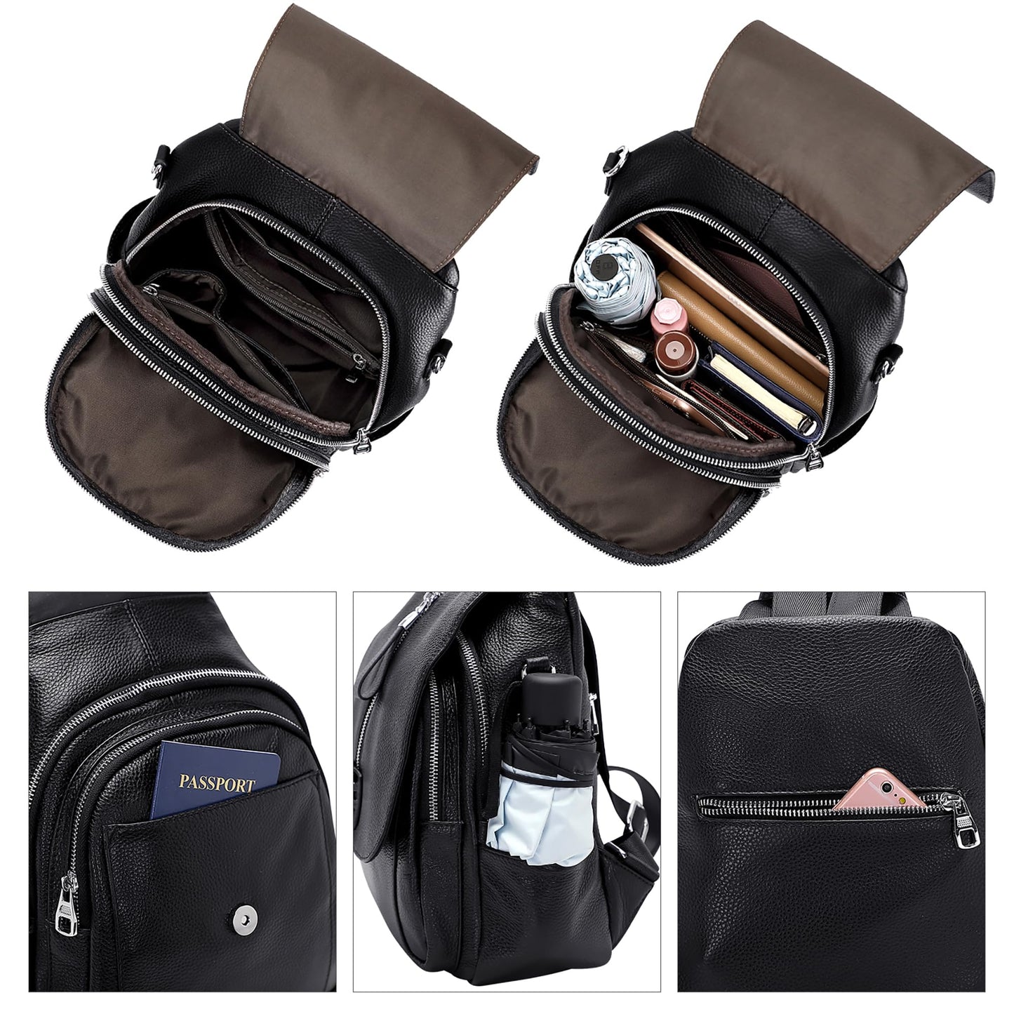 ALTOSY Genuine Leather Backpack Purse for Women Convertible Shoulder Bag with Buckle Flap (S85 Black)