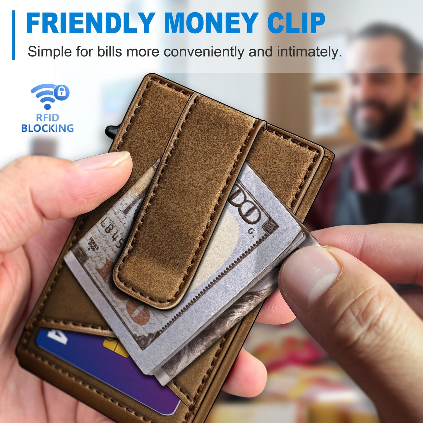miyozi Airtag Wallet for Men Money Clip 9-Card Pop-Up Credit Card Holder with ID Window RFID Blocking Metal Case Magnetic Closure Front Pocket Wallet Gift Box