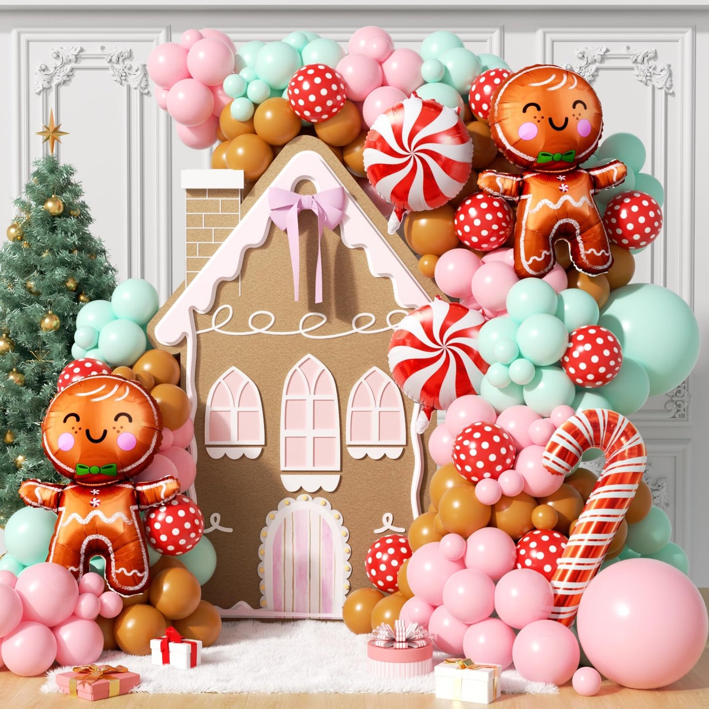 PTGOLUO 160Pcs Christmas Balloon Arch Garland Kit Xmas Pastel Pink Green Brown Latex Balloons Gingerbread Man Candy Cane Foil Balloons Arch Kit for Christmas New Year Party Birthday Party Decorations