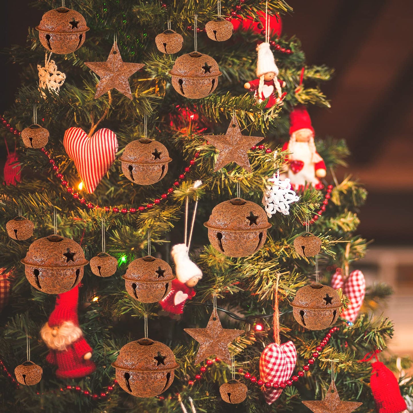 Dilunave 140 Pieces Rustic Christmas Bell Set, Includes 100 Small Rustic Jingle 20 Star Cutout Bells 20 Metal Star Hanging Ornament for Christmas Tree Home Decor DIY Craft(Rusty)