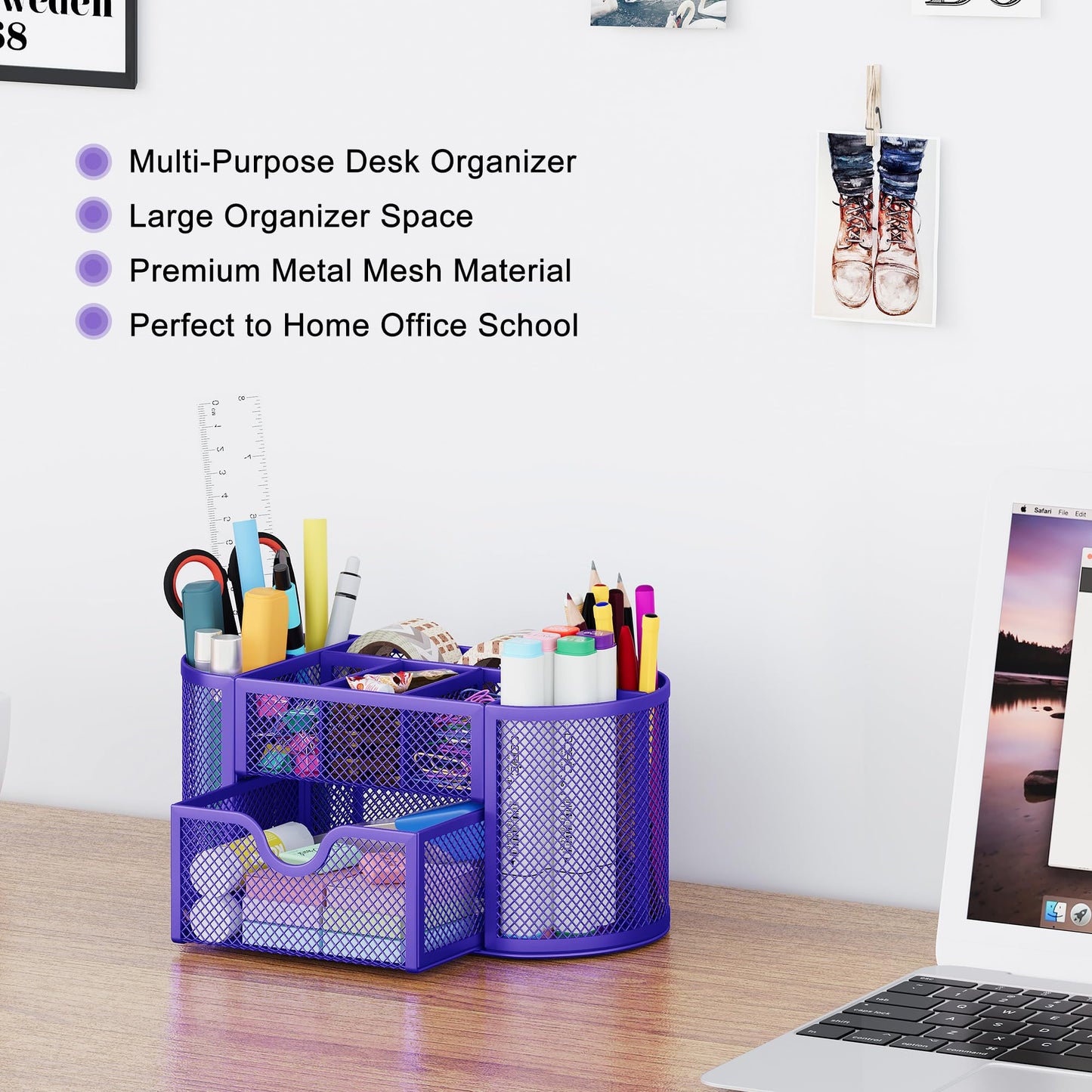 EasyPAG Mesh Pen Holder Desk Organizer with Drawer Stationery Supplies Organizer for Dorm School 9 Compartments Workspace Desk Accessories Organization for Office, Purple