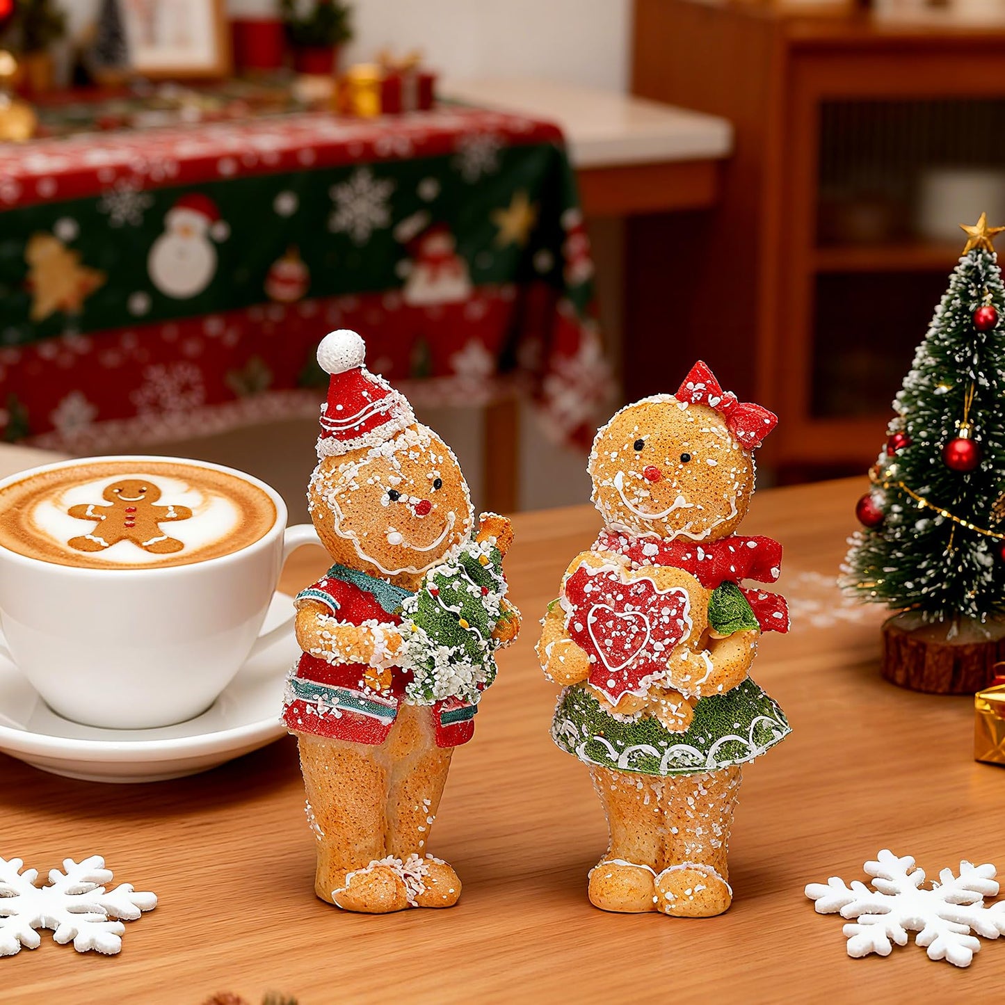 Moucuny 2 Pieces Christmas Gingerbread Decorations Cute Christmas Resin Gingerbread with Chef Hat Candy Bow Scarf Snowman Table Decor for Home Kitchen