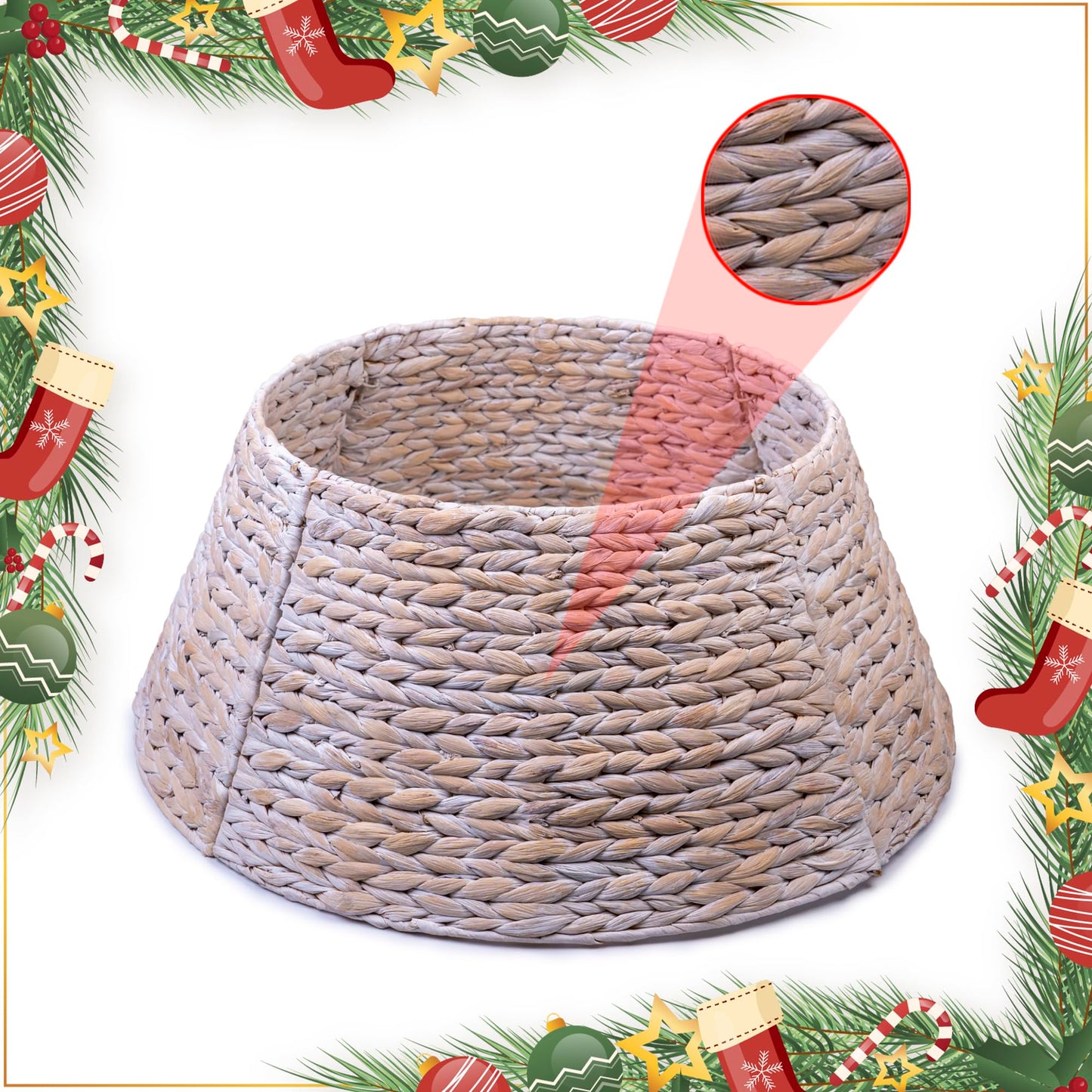 KOLWOVEN Tree Collar Large to Small Christmas Tree, 28" Christmas Tree Ring Adjustable Water Hyacinth Skirt, Christmas Tree Skirt for Decoration, Base Protection from Pets (Water Hyacinth-White)