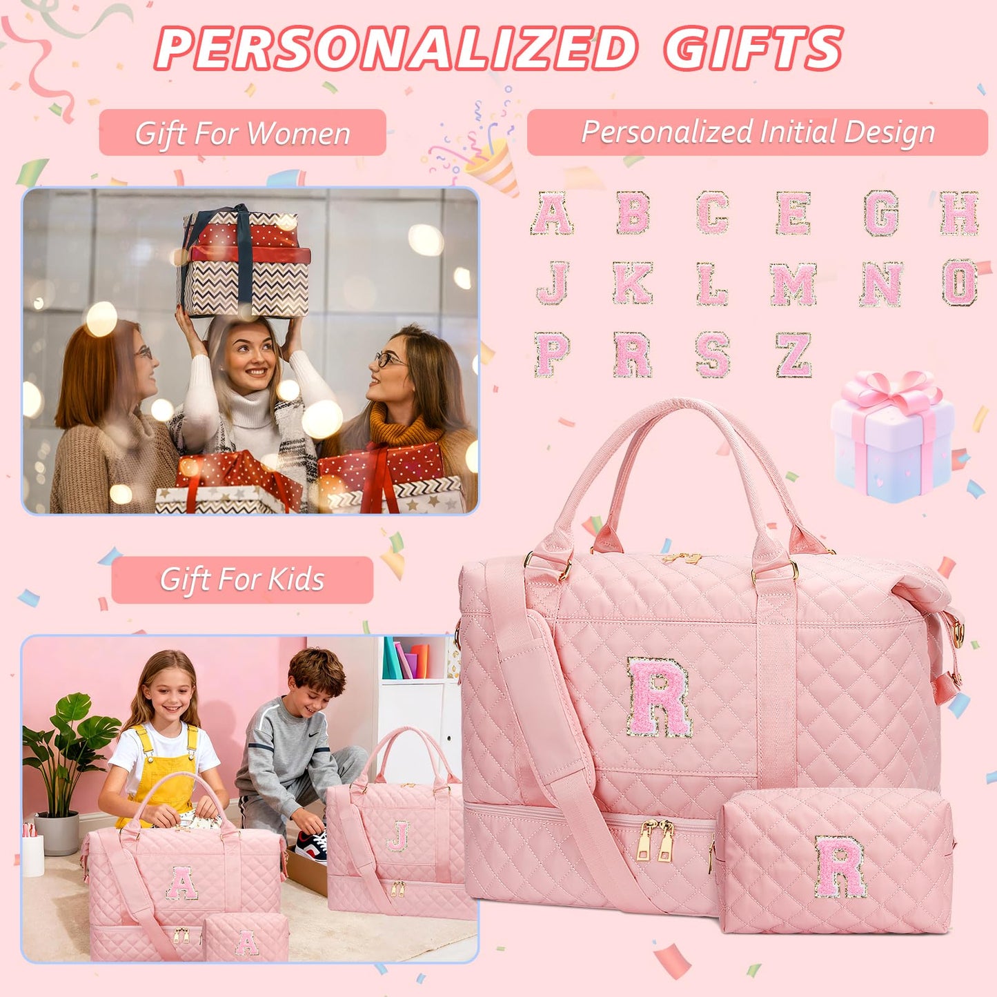 Gifts for Women Teen Girls Birthday Initial Travel Duffle Bag Quilted Weekender Bags Carry-On Overnight with Cosmetic Bag, Gym Bag with Shoe Compartment, Pink-R