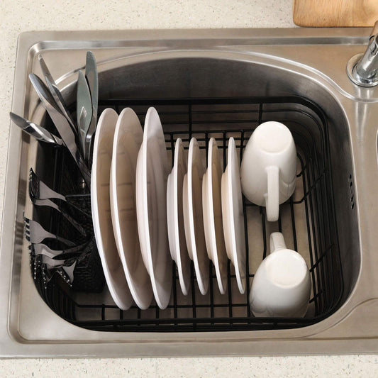 (Black) - ESYLIFE Kitchen Dish Drainer Drying Rack with Drip Tray and Full-Mesh Silverware Storage Basket, Black
