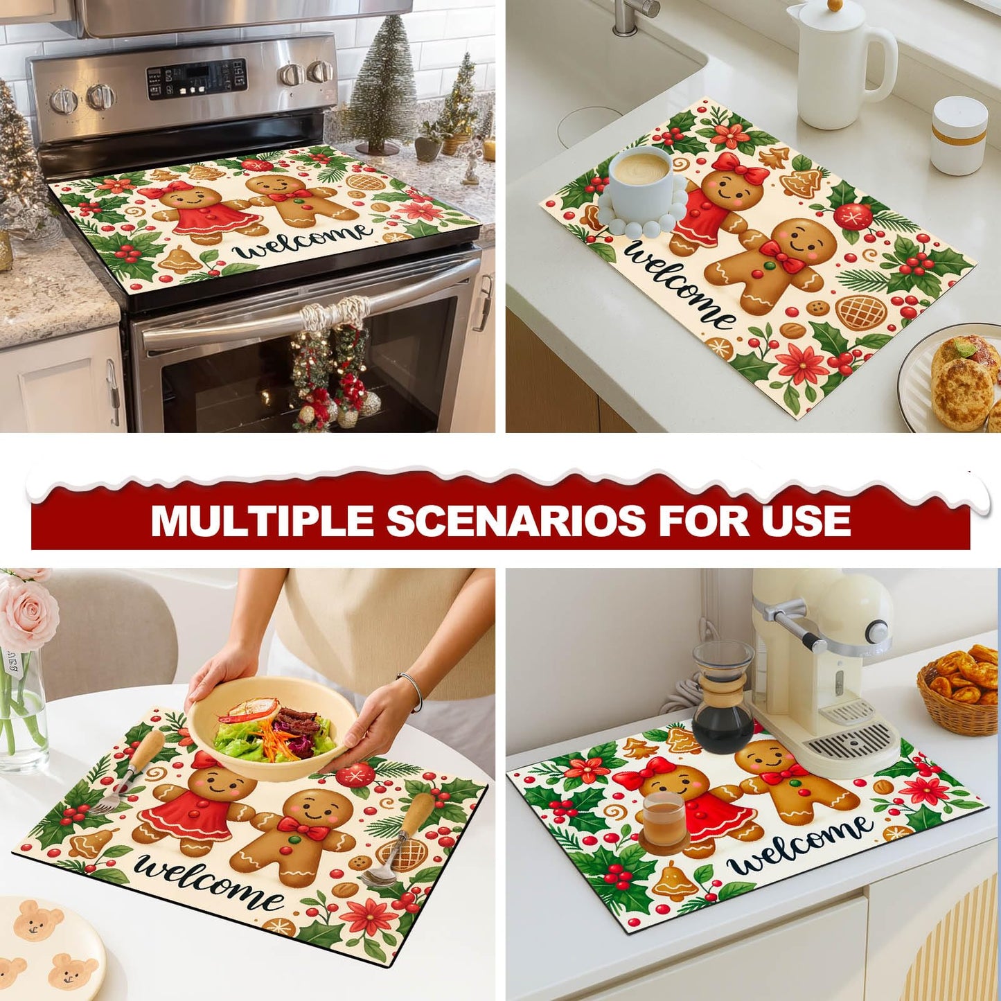 HOMETITUTE Stove Top Covers for Electric Glass Stove 28x20 Inches Christmas Gingerbread Couple Design Heat Resistant Cooktop Protector Cover Glass Stovetop Cover for Kitchen Countertops and Sinks