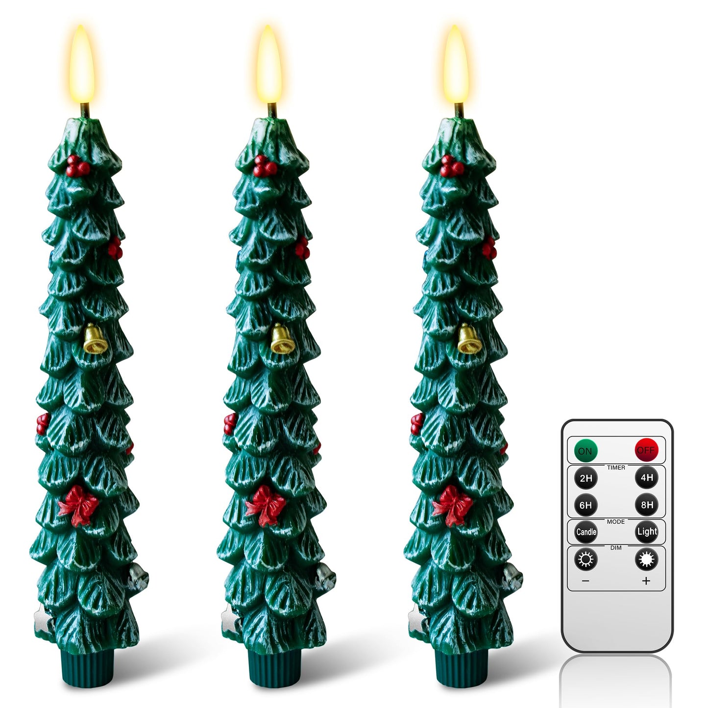ZIVASA 3 Pack Flameless Christmas Tree Candles, 9.8 Inchs Christmas Taper Candles with Remote and 24H Cycle Timer, Real Wax Christmas Tree LED Candle 3D Flame for Tabletop, Windows, Fireplace Decor