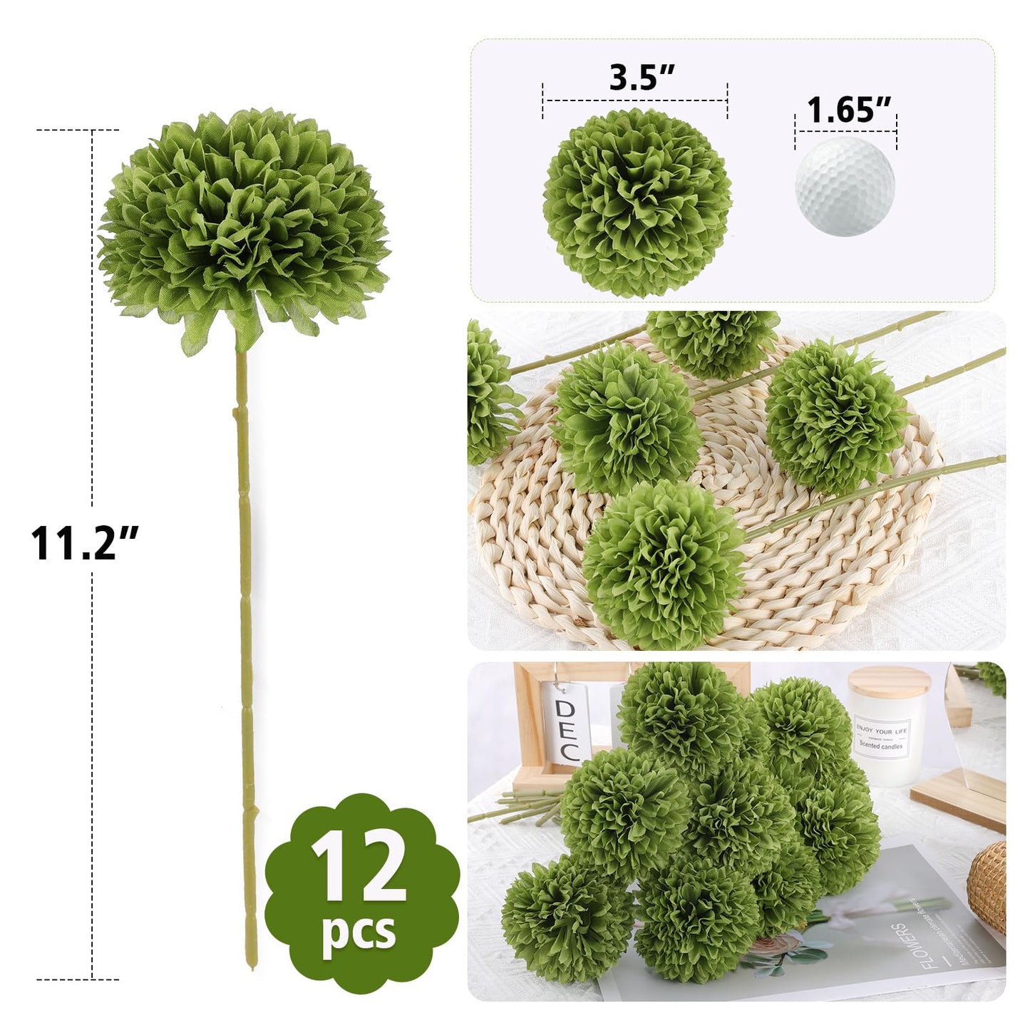 Rowfad 12 Pcs Artificial Chrysanthemums Flowers Green Flowers Silk Fake Mums Flowers for St Patricks Day Outdoor Wedding Table Centerpiece Home Decor (12, Green)