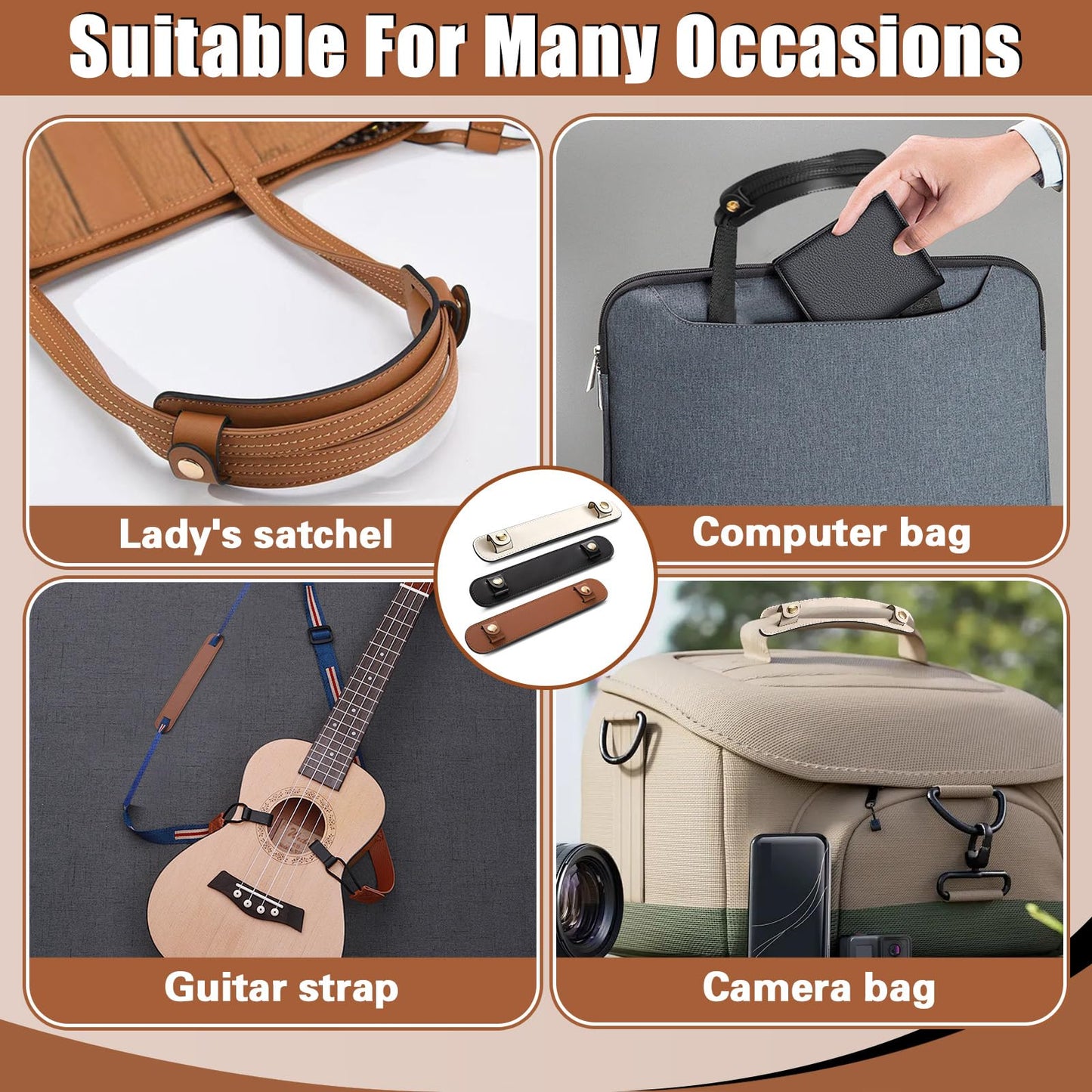 Realand 3Pcs Removable Leather Shoulder Strap Pad Replacement Pressure Relief Shoulder Pads for Women Cover for Tote Bag Handbag Purse, Backpack Strap Pads, Black White Brown