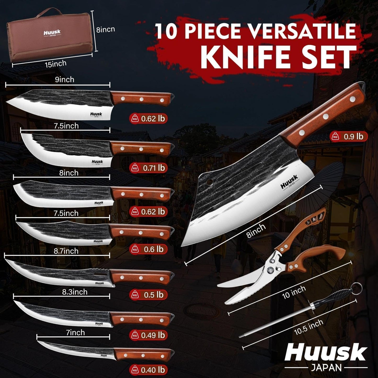 Huusk Butcher Knife Set, 10-Piece Hand Forged Chef Knife Set with Bag, Sharp Meat Cleaver & Bbq Carving Knives & Boning Breaking Knives for Kitchen & Camping, Fathers Day Gift for Men