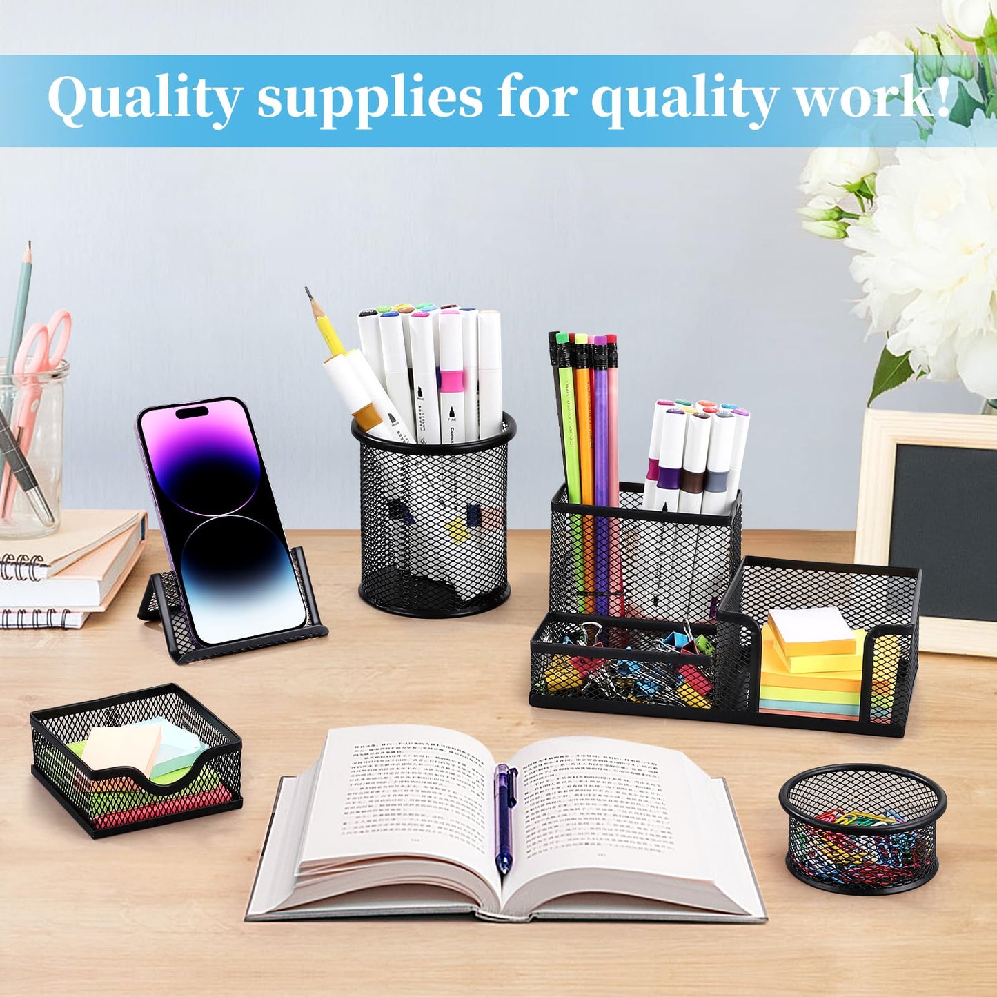 Byjoph Mesh Pen Holder for Desk Pencil Holders 5 Pieces Desk Organizer Office Supplies Caddy with Sticky Notes Holder for Office School Home Black