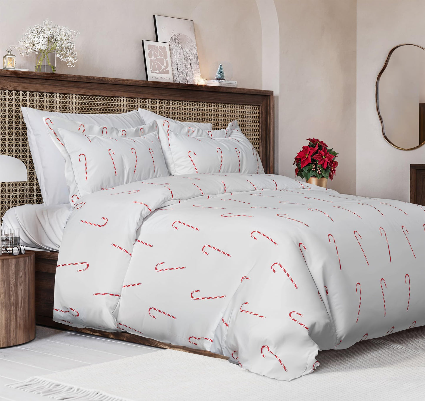 Christmas Duvet Cover Queen Size Set - Extra Soft Queen Duvet Cover with 2 Pillow Shams - Holiday Xmas Bedding with Zipper Closures & Ties - Comfy, Snug & Cozy Breathable Bed Set - 90 x 90, Candy Cane