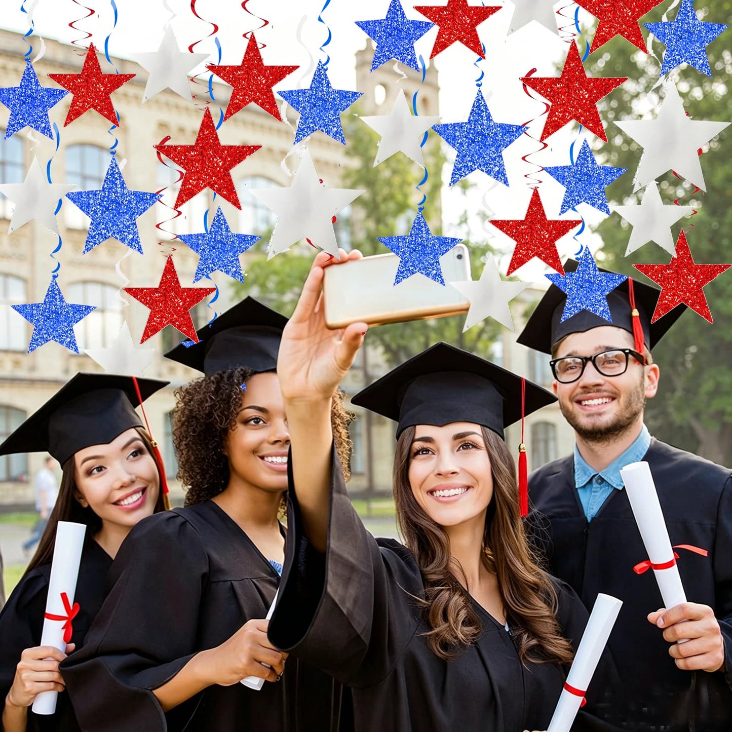 4th of July Decorations Red White Blue/Graduations Party Decorations Red Blue/Patriotic Hanging Star Streamers, Red White Blue Glitter Stars with Swirls, Memorial Day Veterans Day